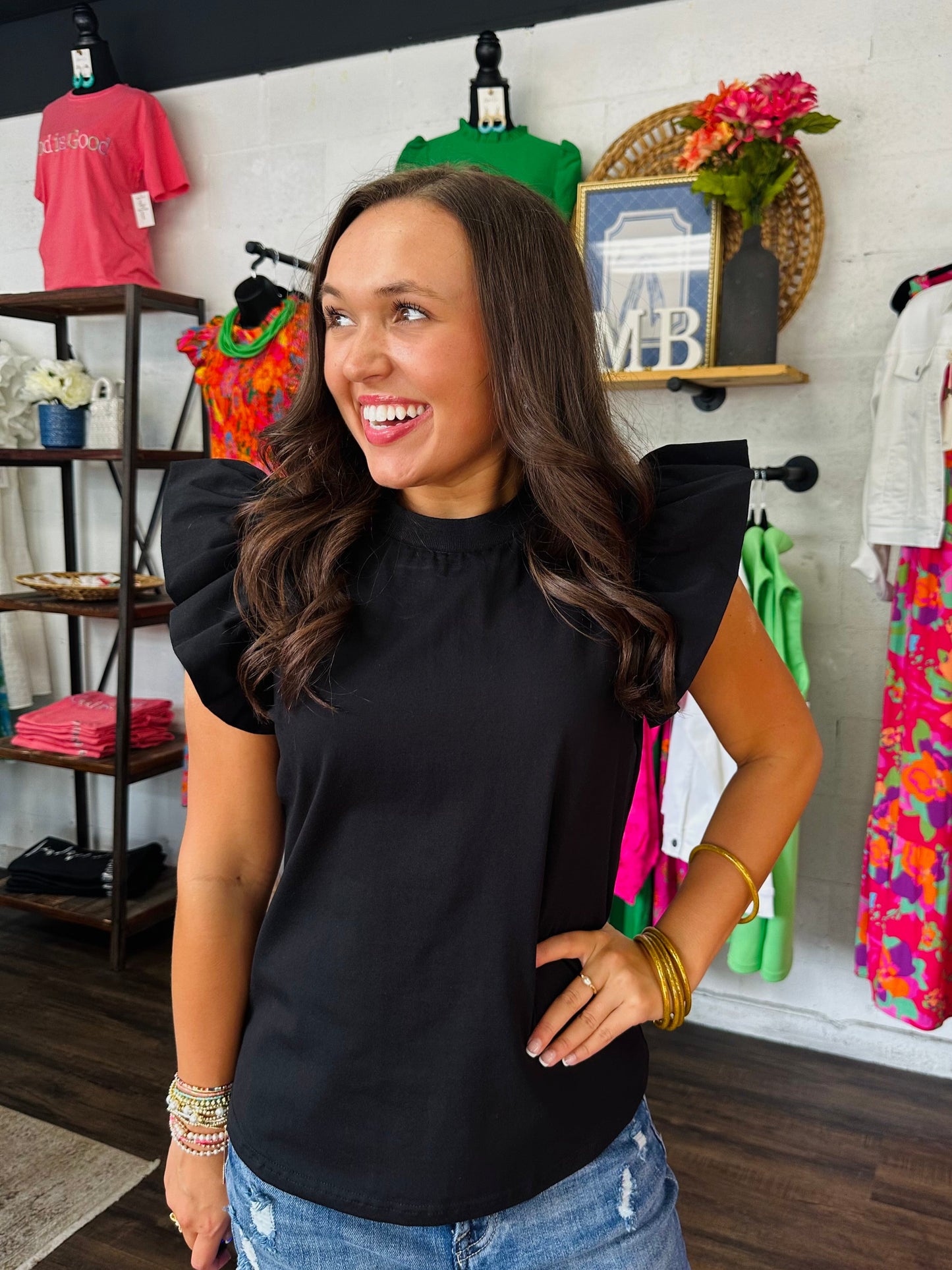The Tillie Black Ruffled Sleeve Top