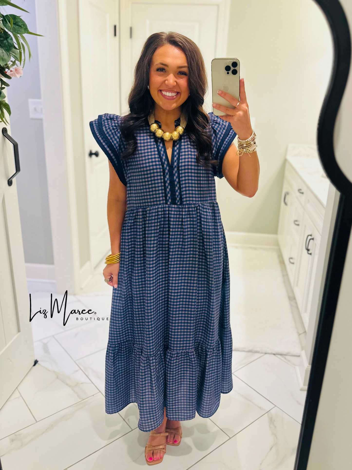 The Morganne Navy Gingham Midi Dress