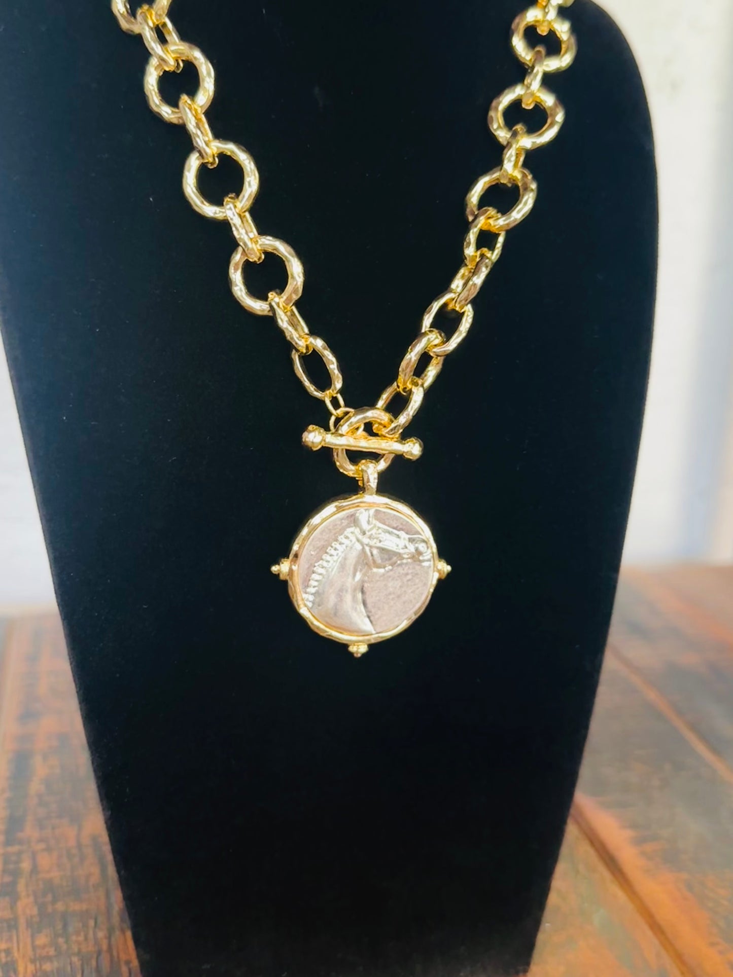 Gold + Silver Horse Round Pendant Necklace
