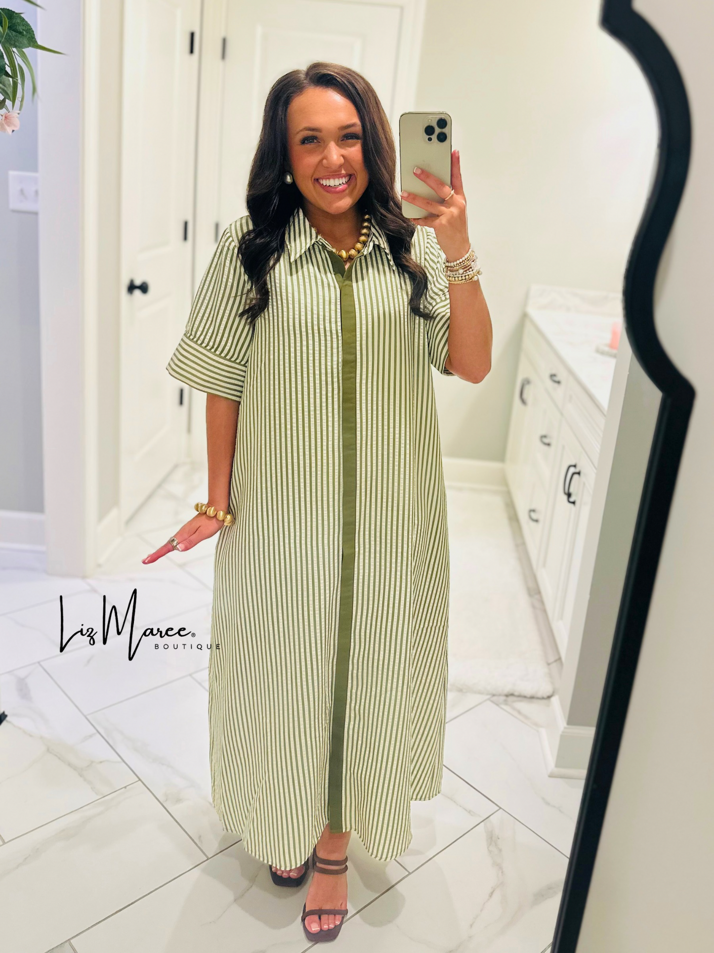 The Nora Olive Green Striped Midi Dress
