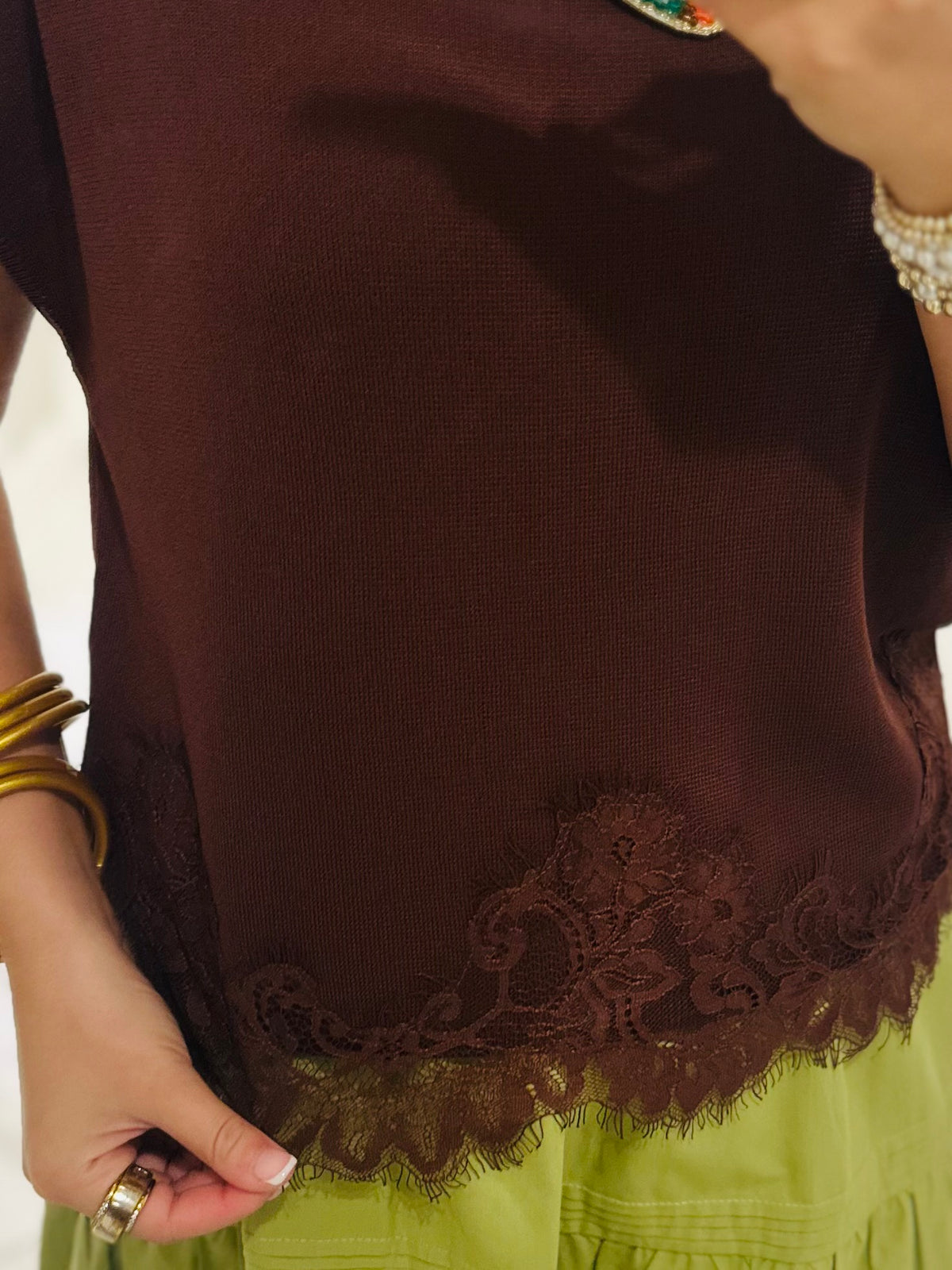 The Vera Brown Lace Hem Top
