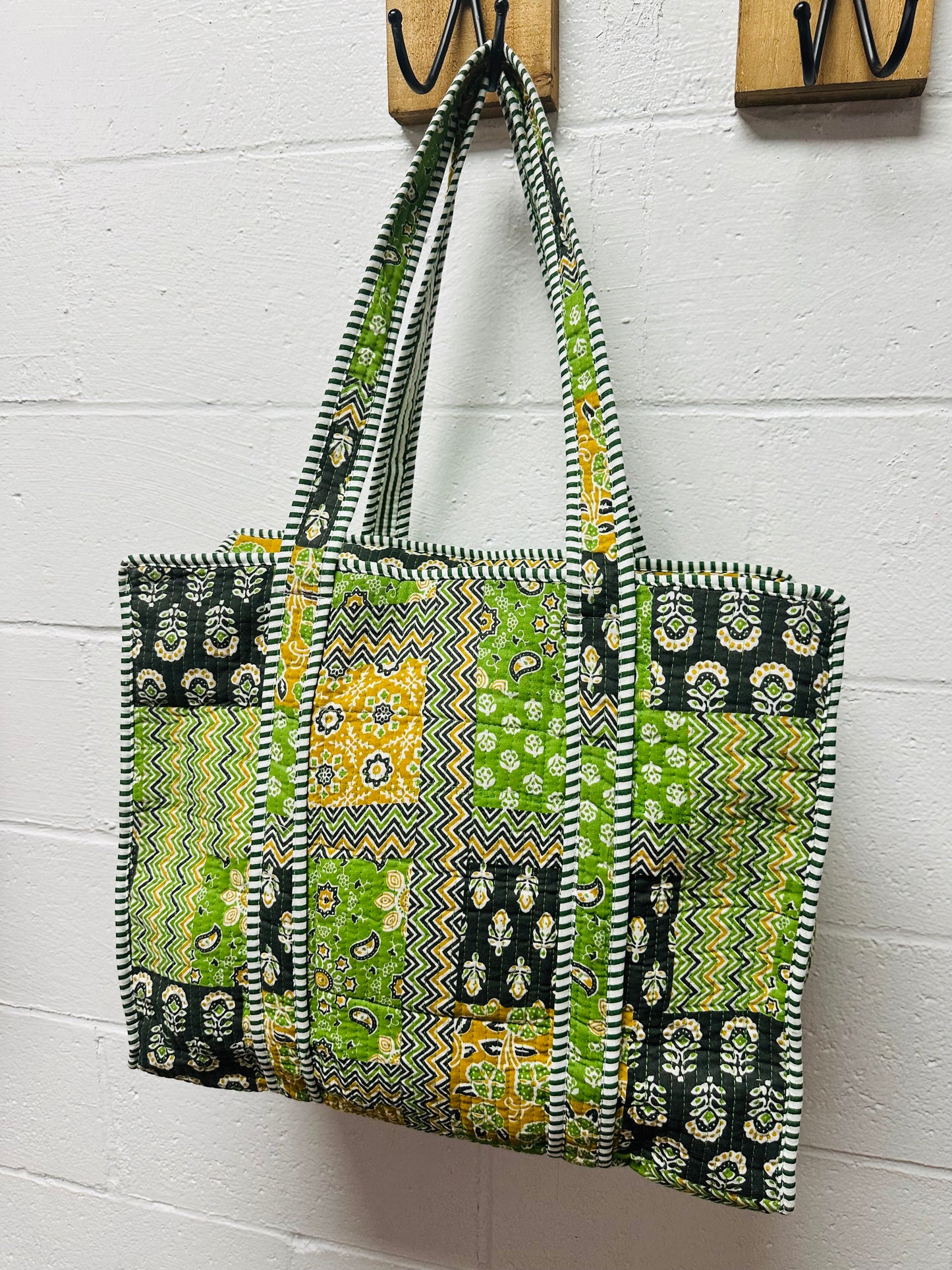 The Green + Black Multi Pattern Quilted Tote Bag