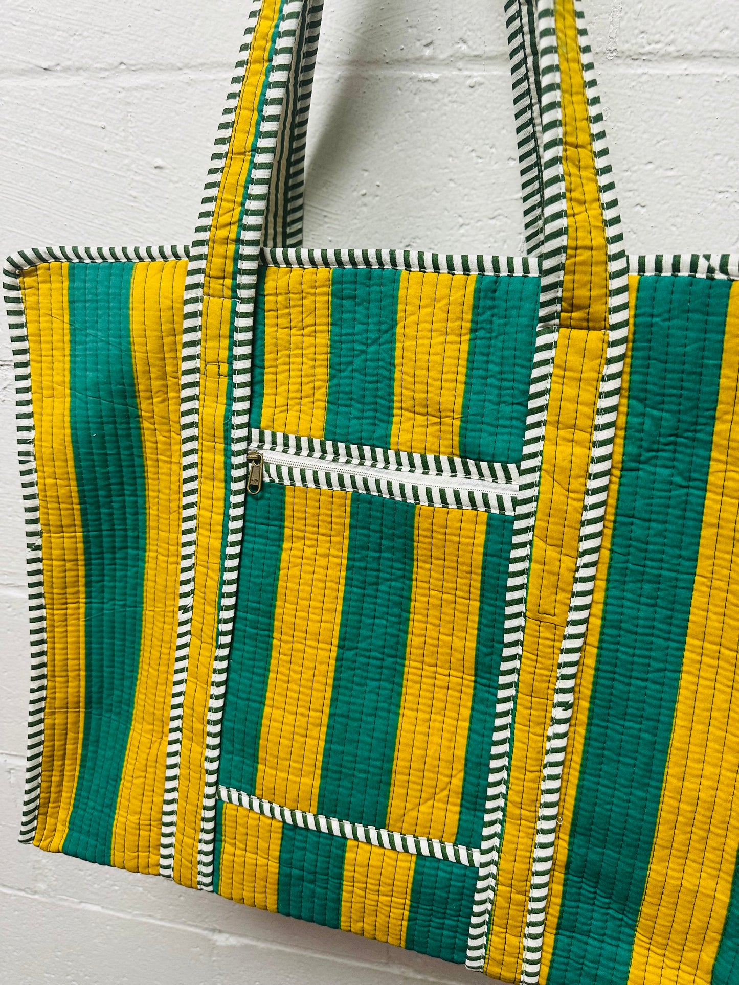 The Green + Orange Striped Quilted Tote Bag