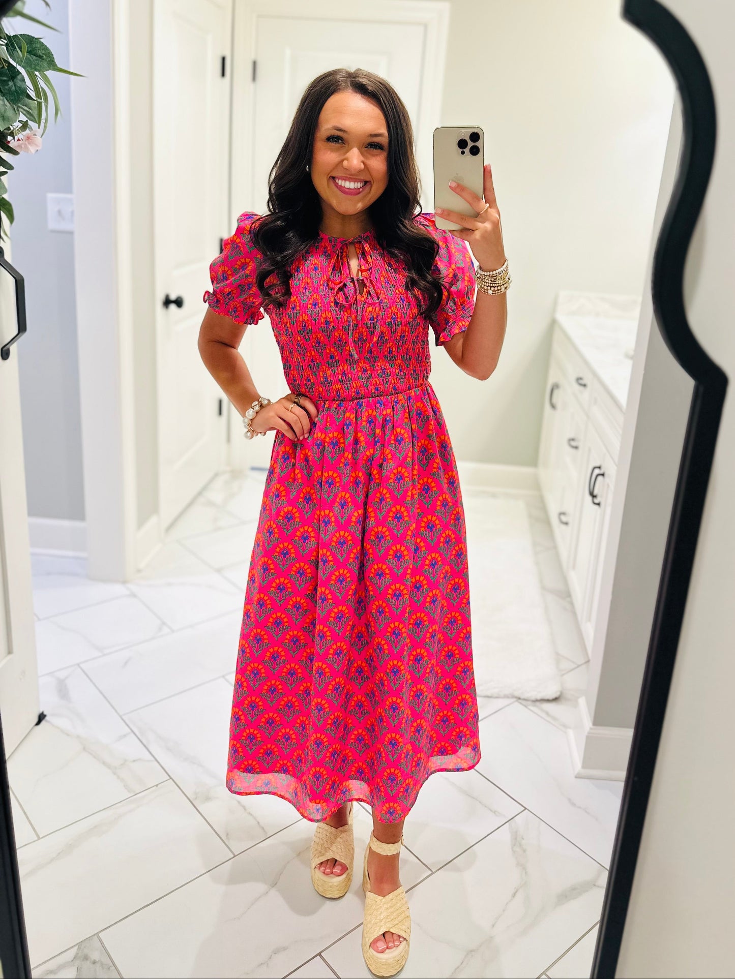 The Tamry Pink Smocked Midi Dress