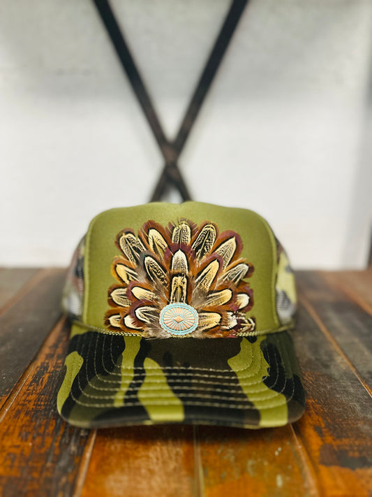 Brown Feather + Turquoise Concho Camo Trucker Hat