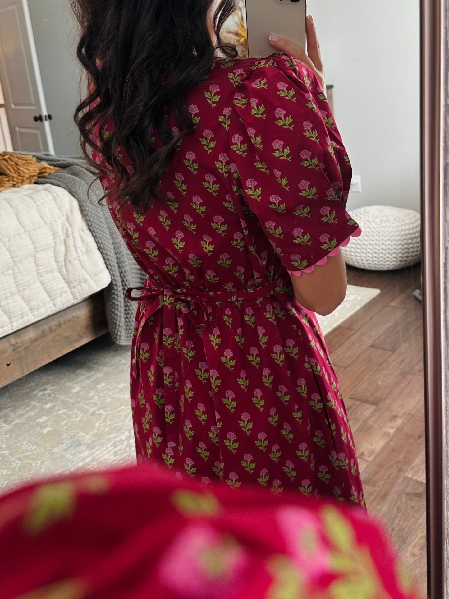 The Charlotte Burgundy Floral Scallop Trim Midi Dress
