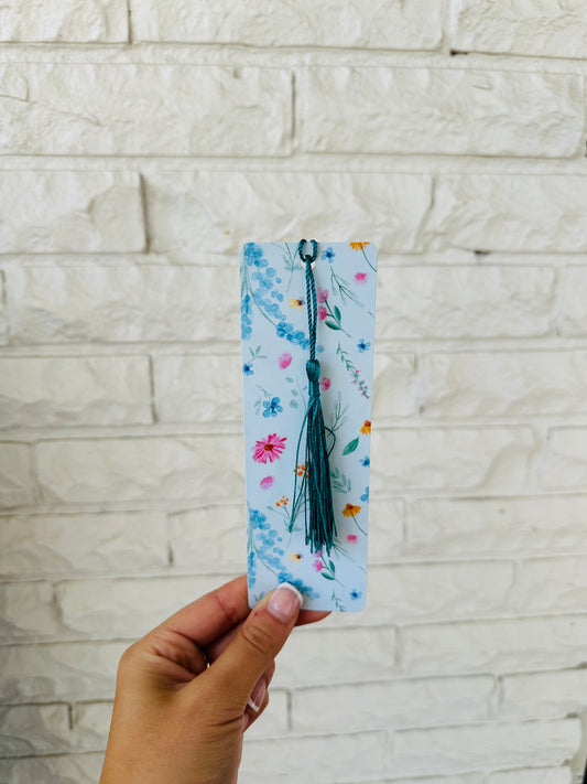 Blue Watercolor Floral Tassel Bookmark