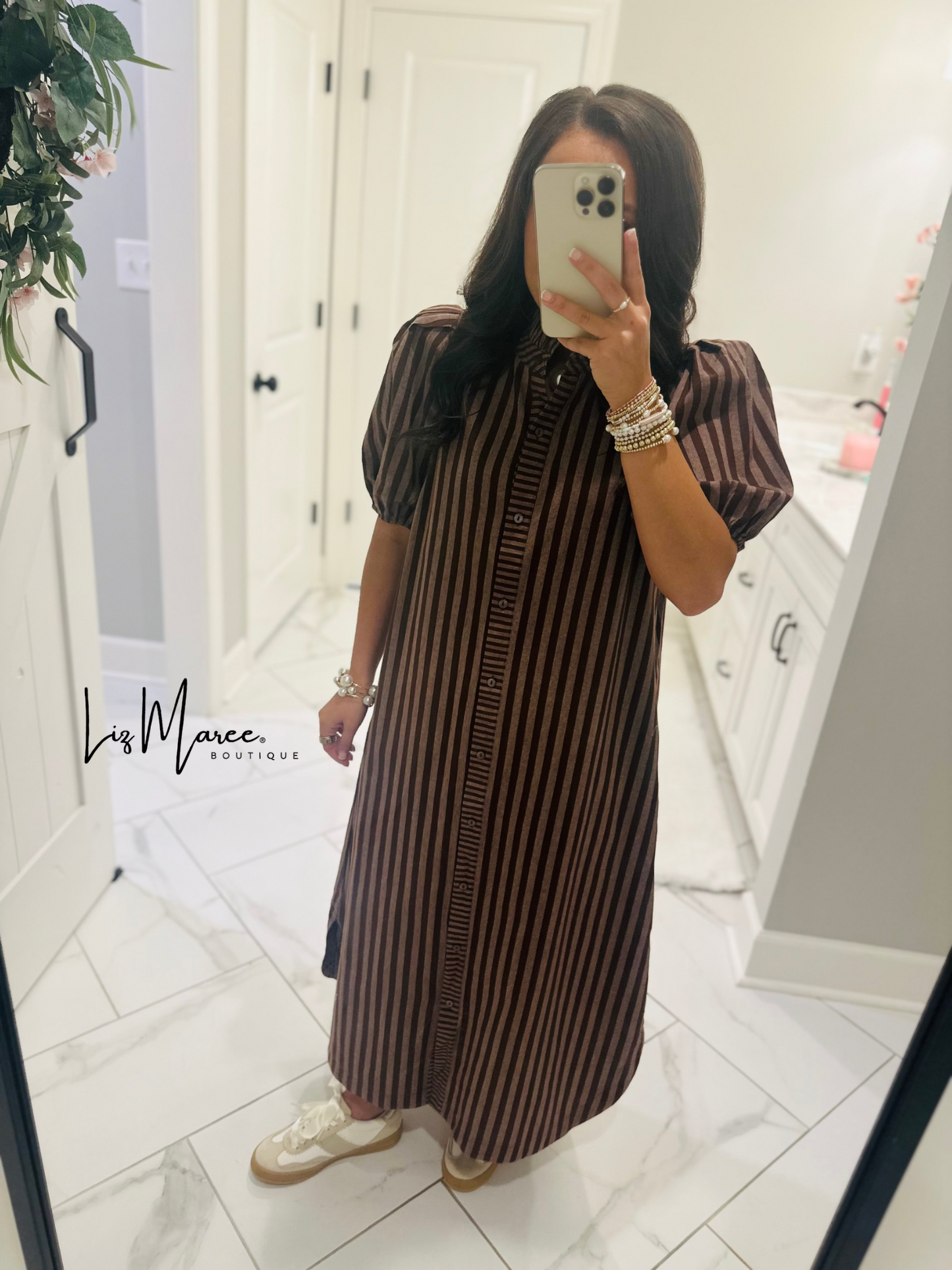 The Quinn Brown Striped Midi Dress