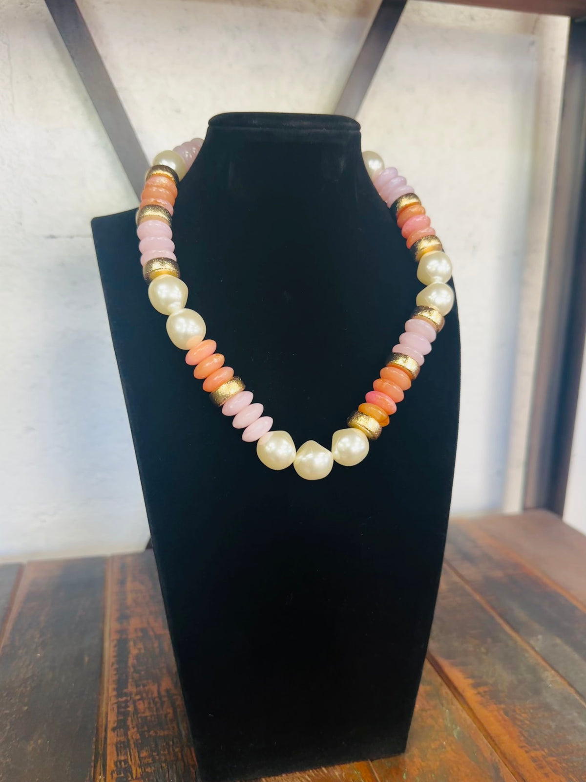 Peach + Gold Pearl Bead Necklace