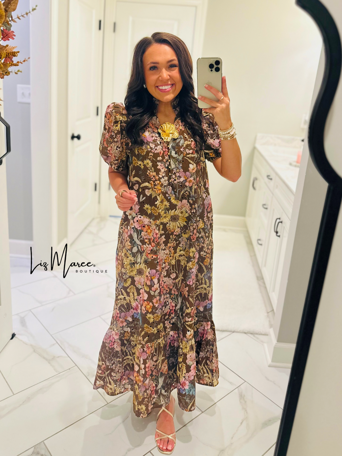 The Nadine Brown Floral Eyelet Midi Dress