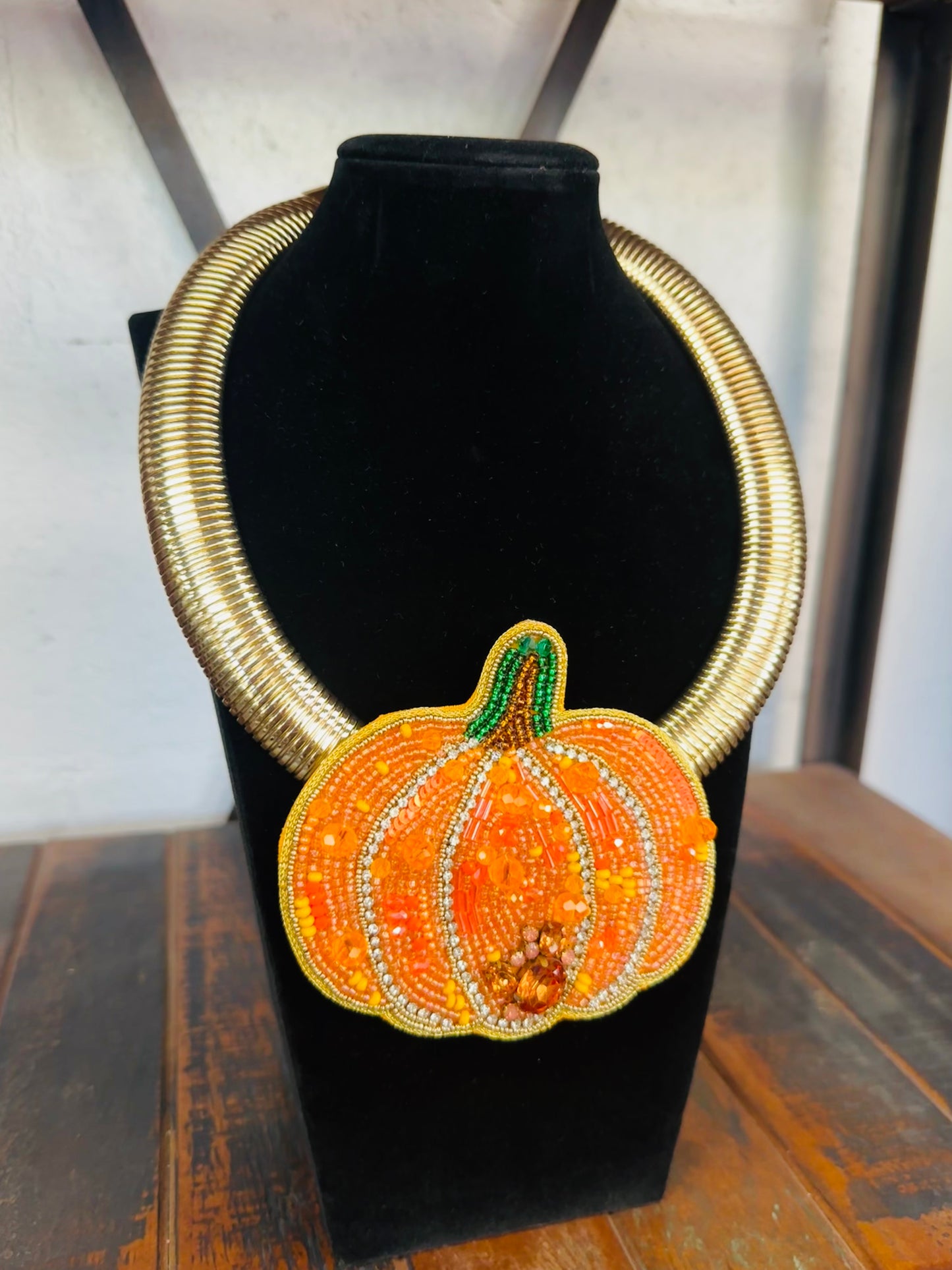 Orange Beaded Pumpkin Collar Necklace