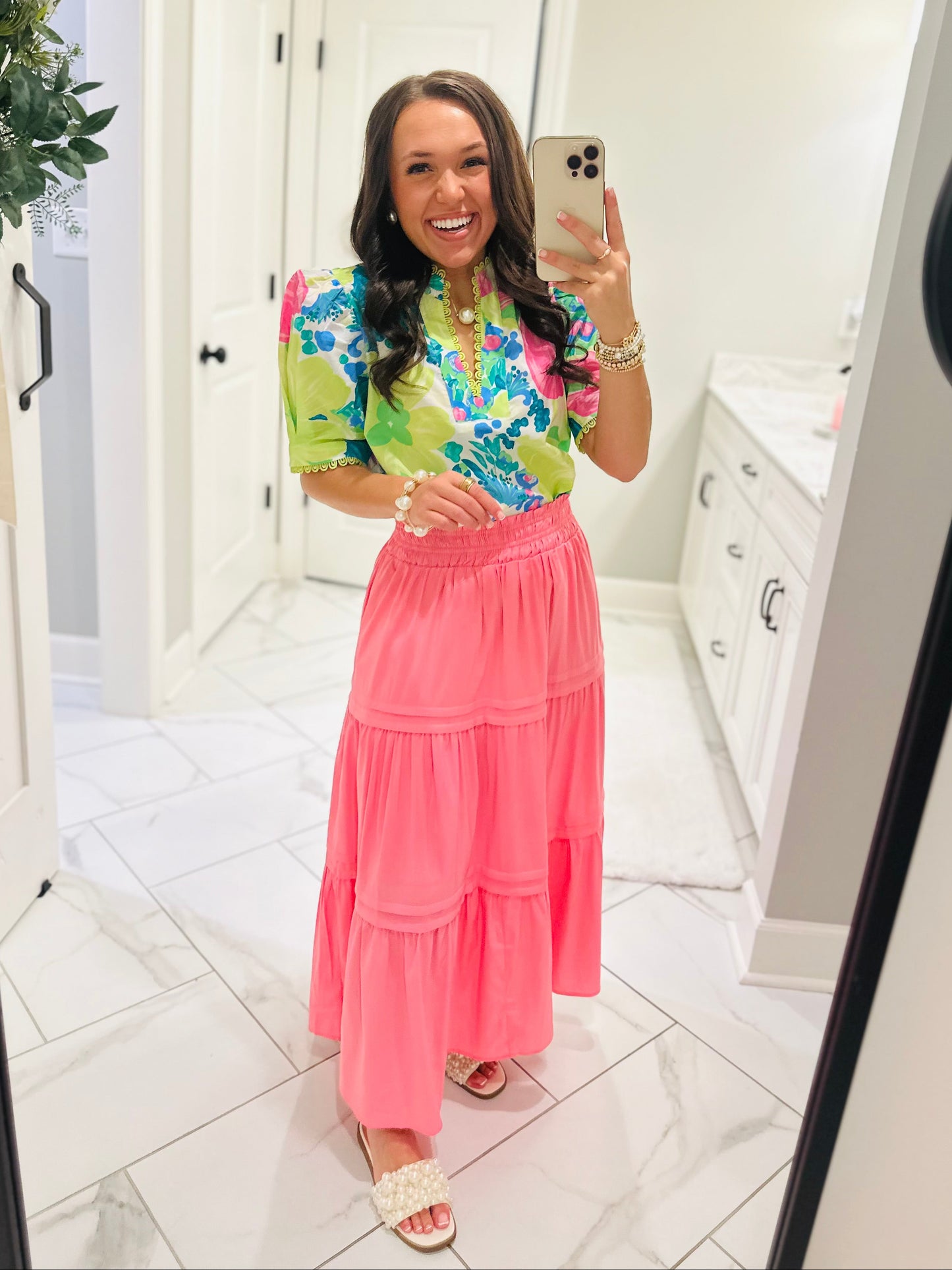 The Remi Lime Green Floral Scallop Trim Top