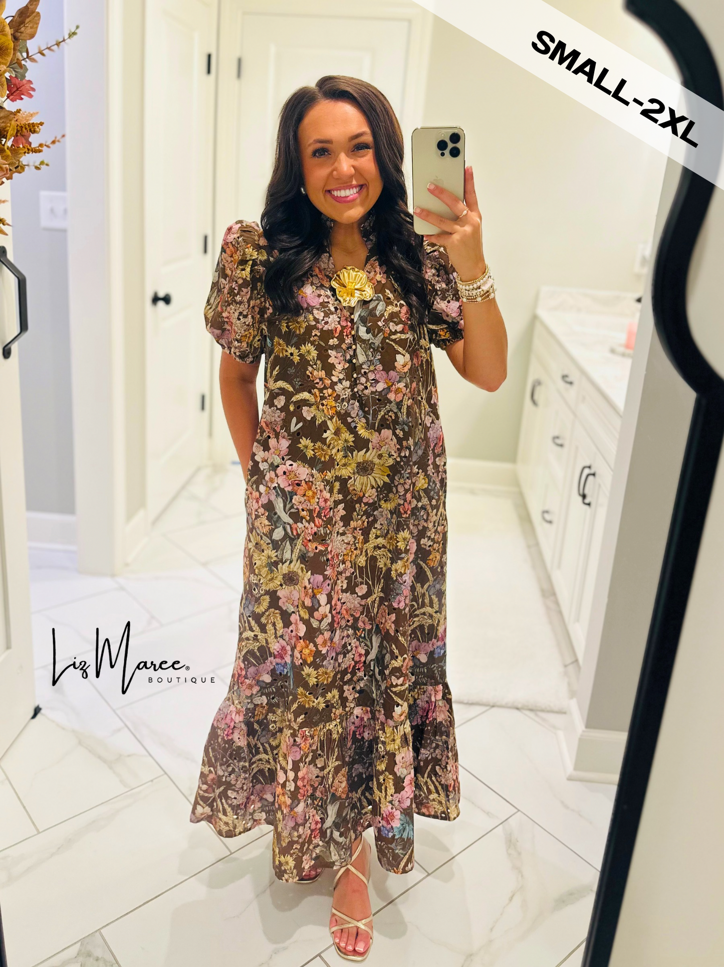 The Nadine Brown Floral Eyelet Midi Dress