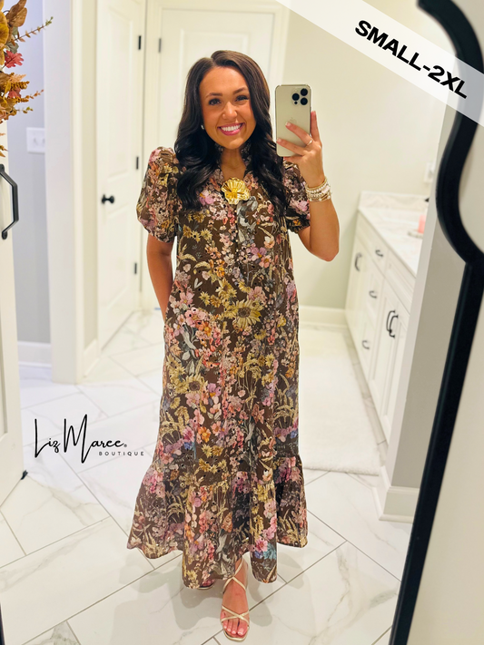 The Nadine Brown Floral Eyelet Midi Dress