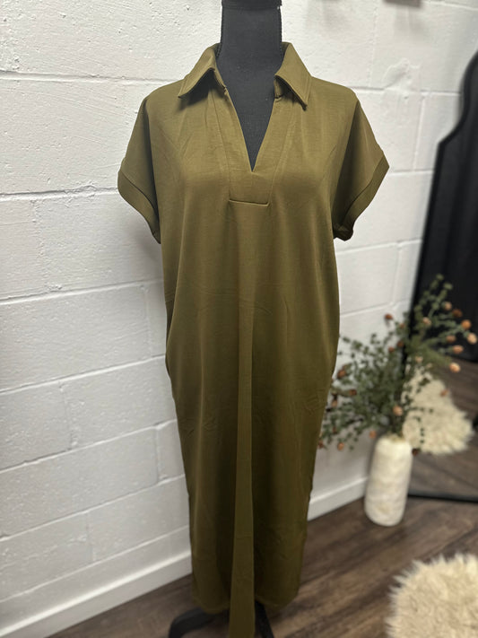 The Nola Olive V-neck Midi Dress