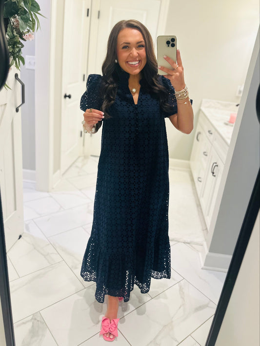 The Liz Navy Eyelet Midi Dress
