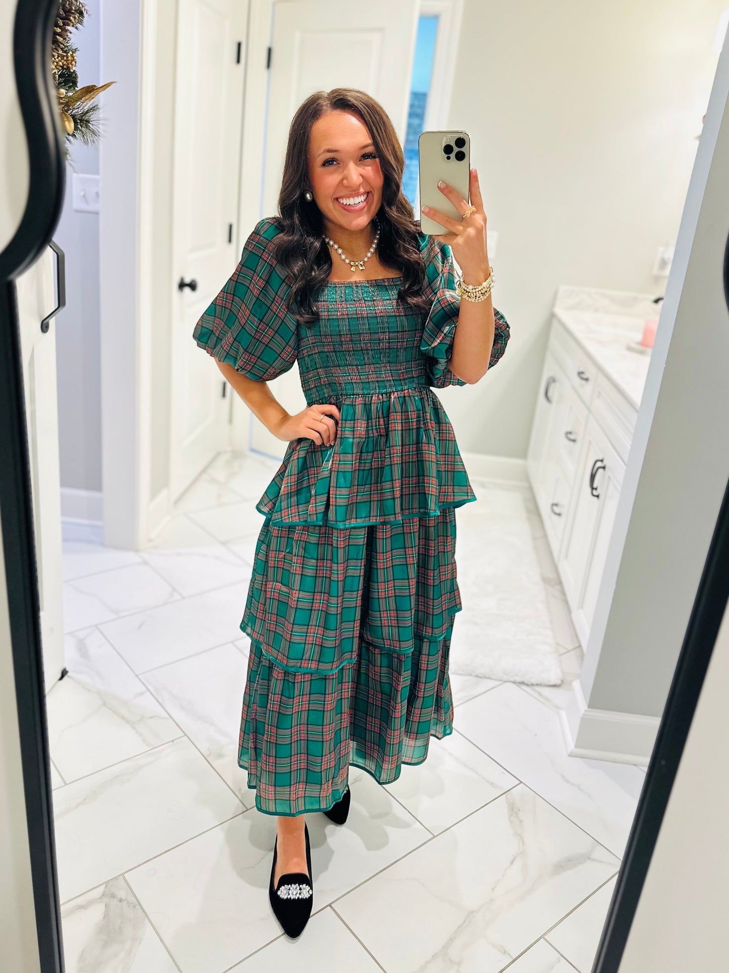 The Holly Green Christmas Plaid Tiered Midi Dress