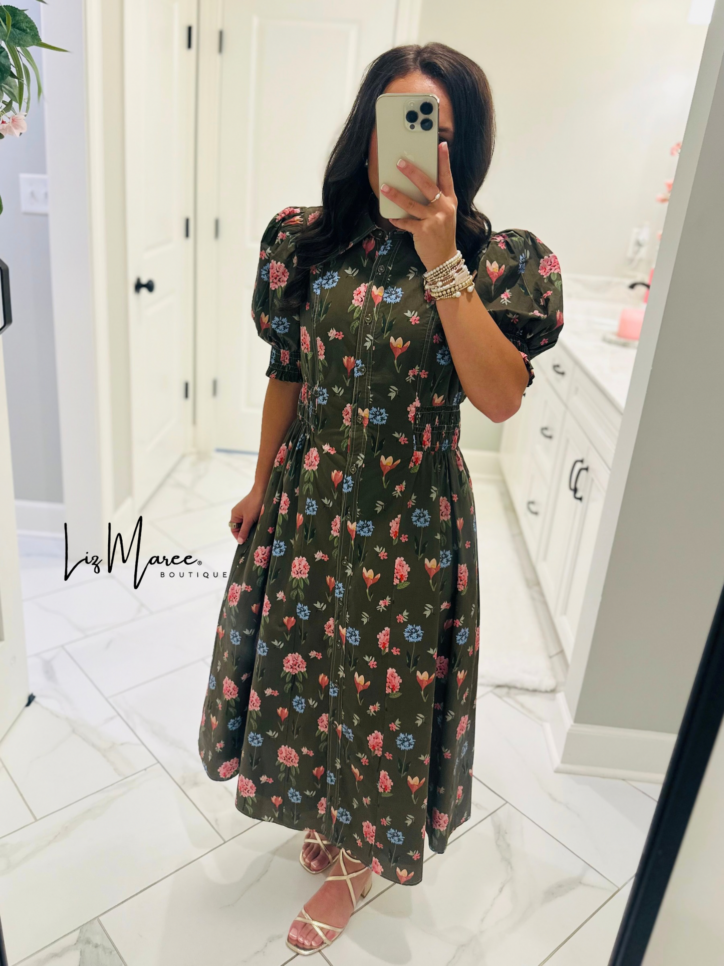 The Annie Olive Green Floral Midi Dress