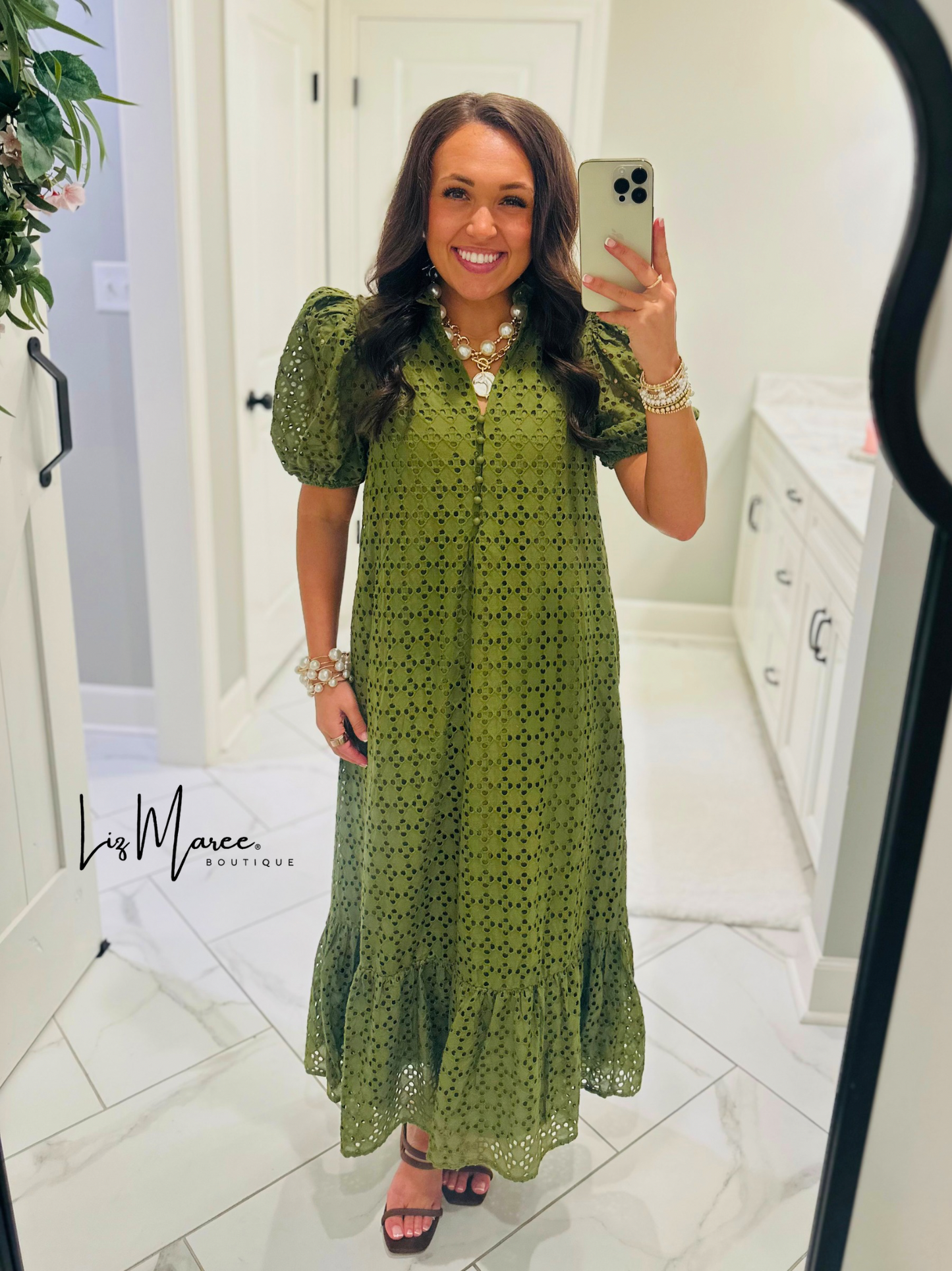 The Liz Olive Green Eyelet Midi Dress