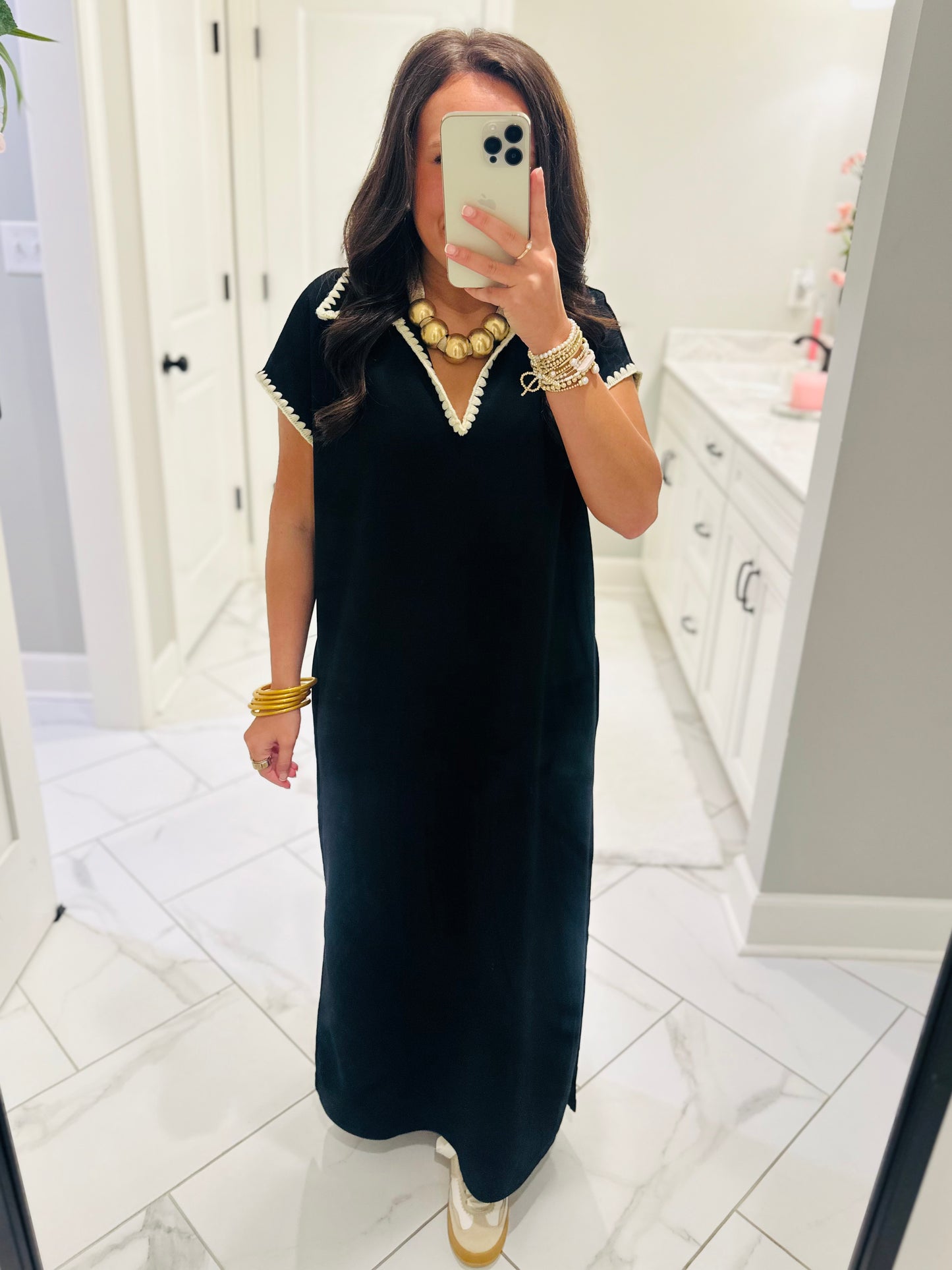 The Sarah Black Collared Stitch Midi Dress