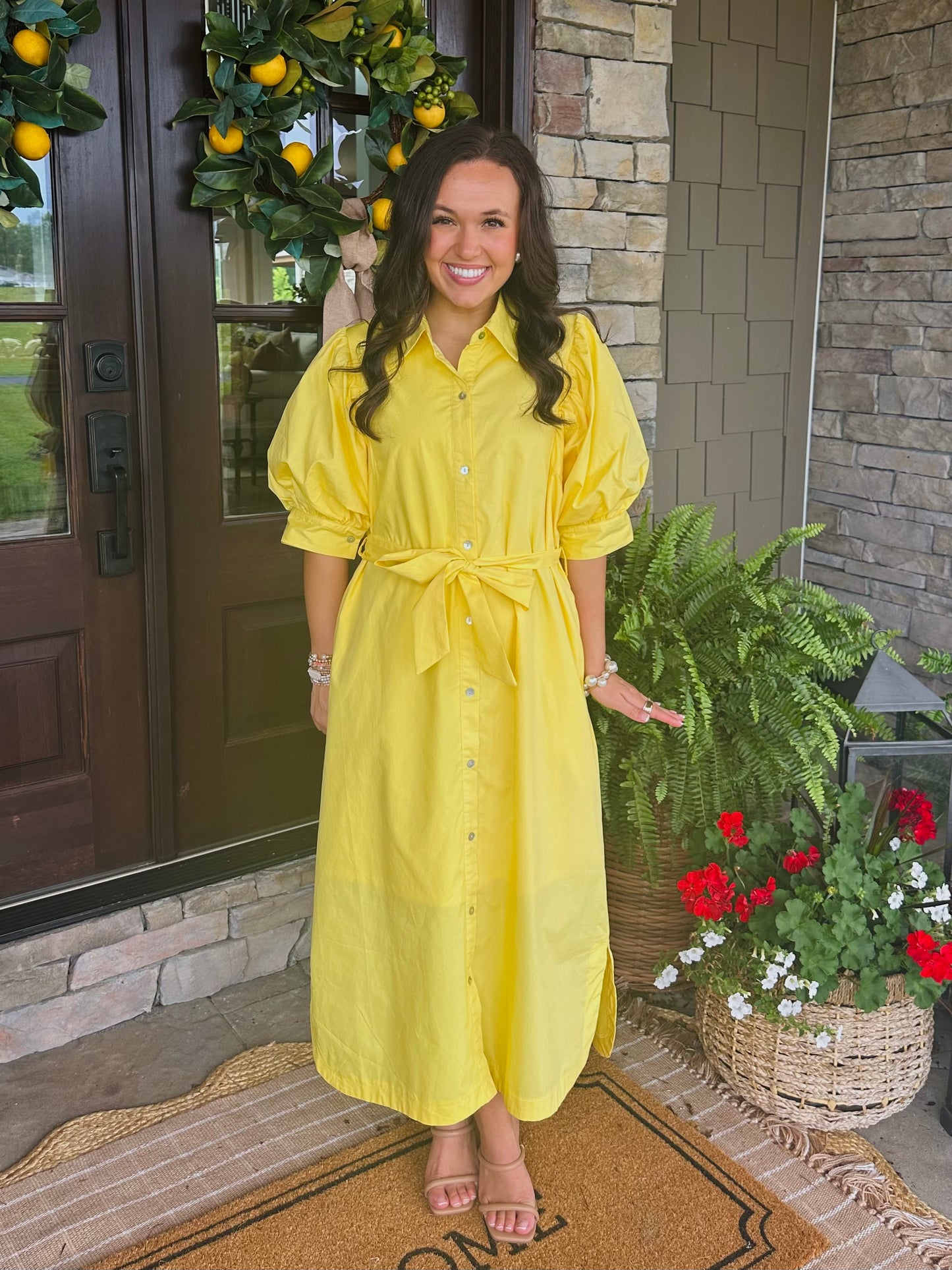 The Caroline Yellow Button Front Midi Dress