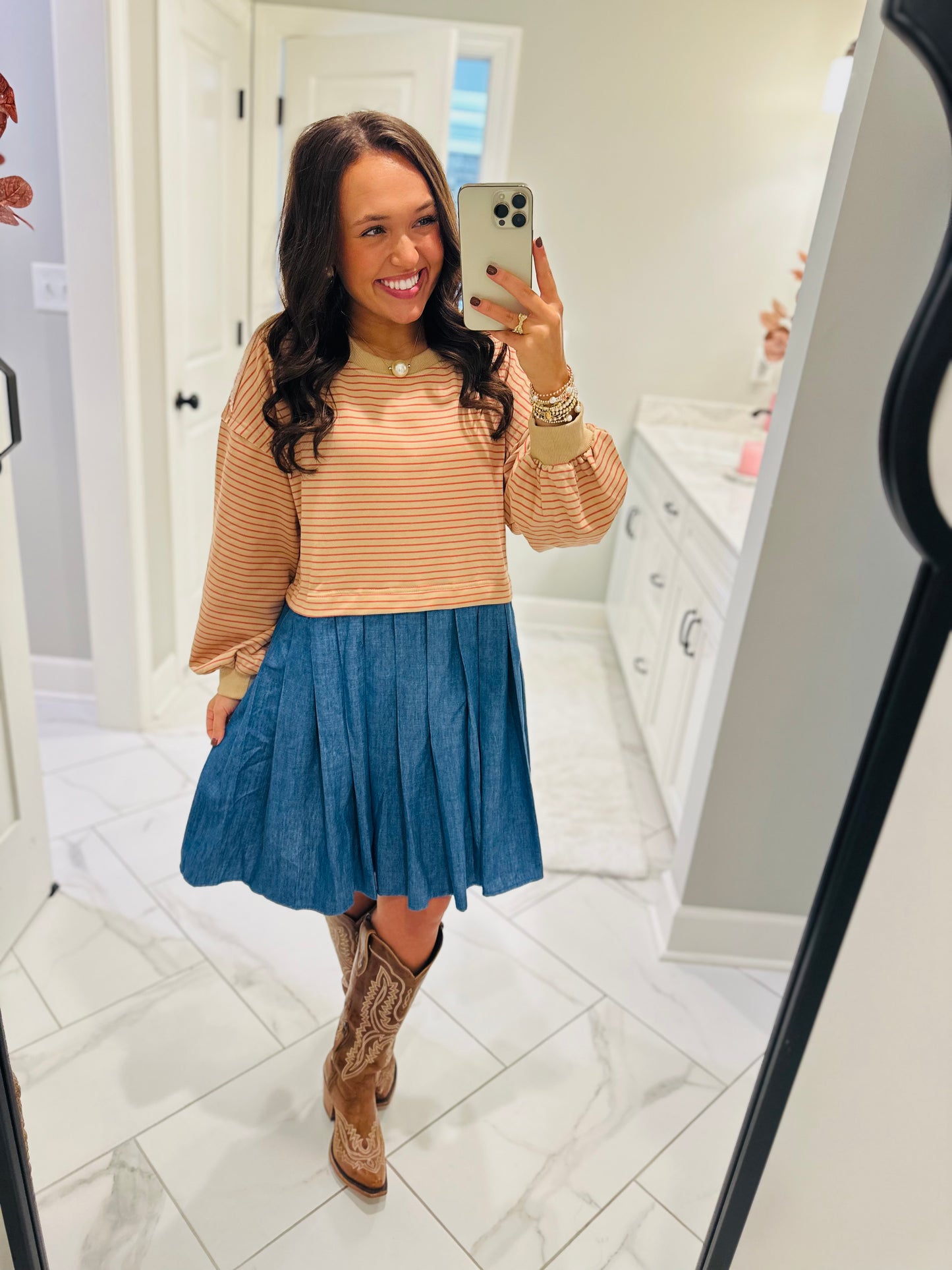 The Ella Long Sleeve Pleated Dress - Taupe / Denim