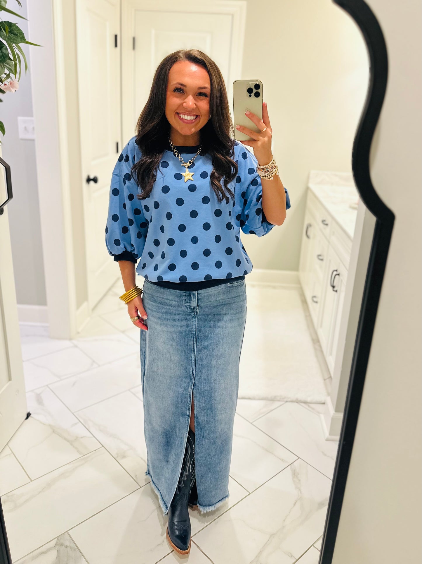 The Ainsley Blue Polka Dot Top