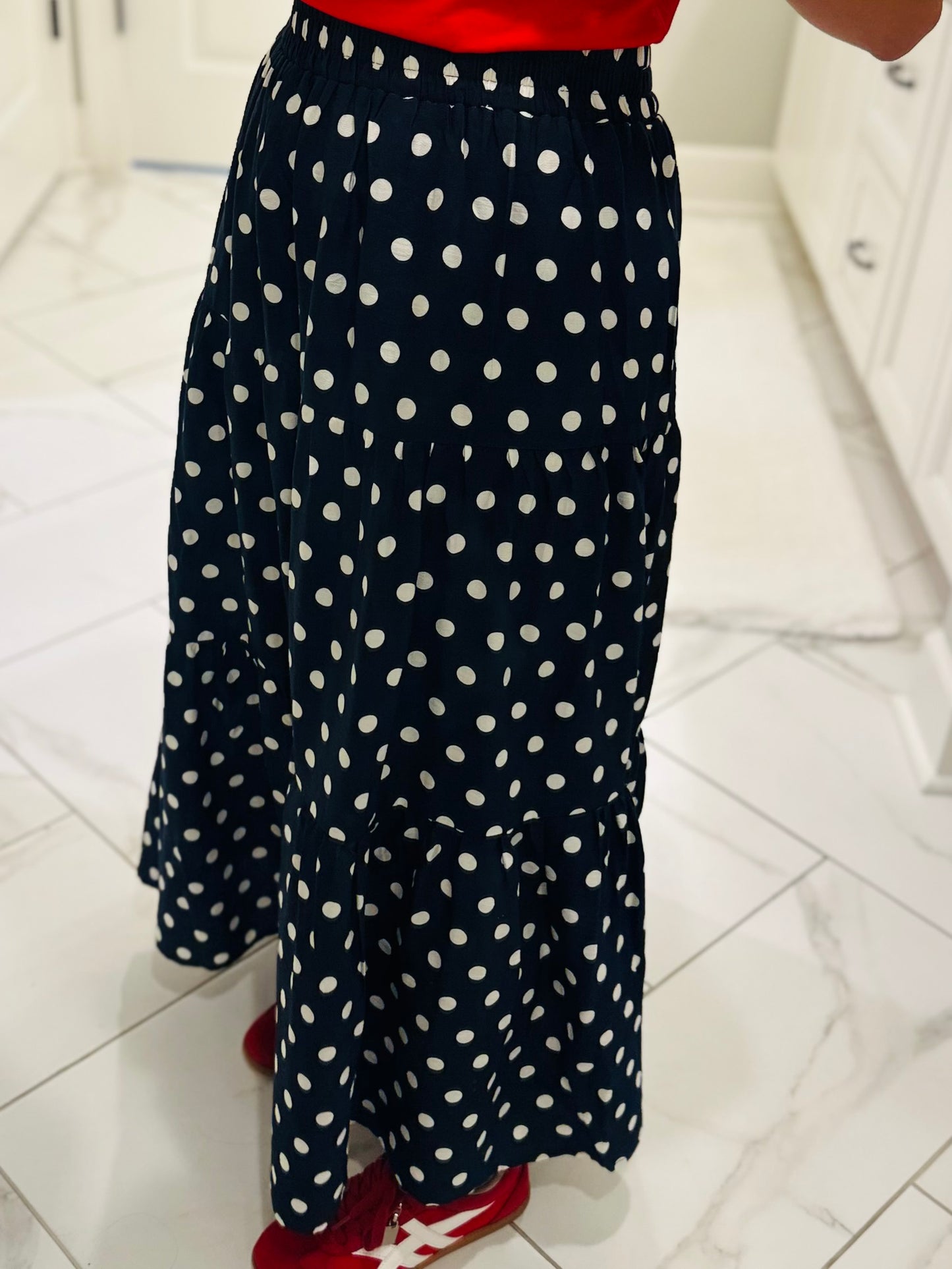 The Nanci Navy Polka Dot Tiered Midi Skirt