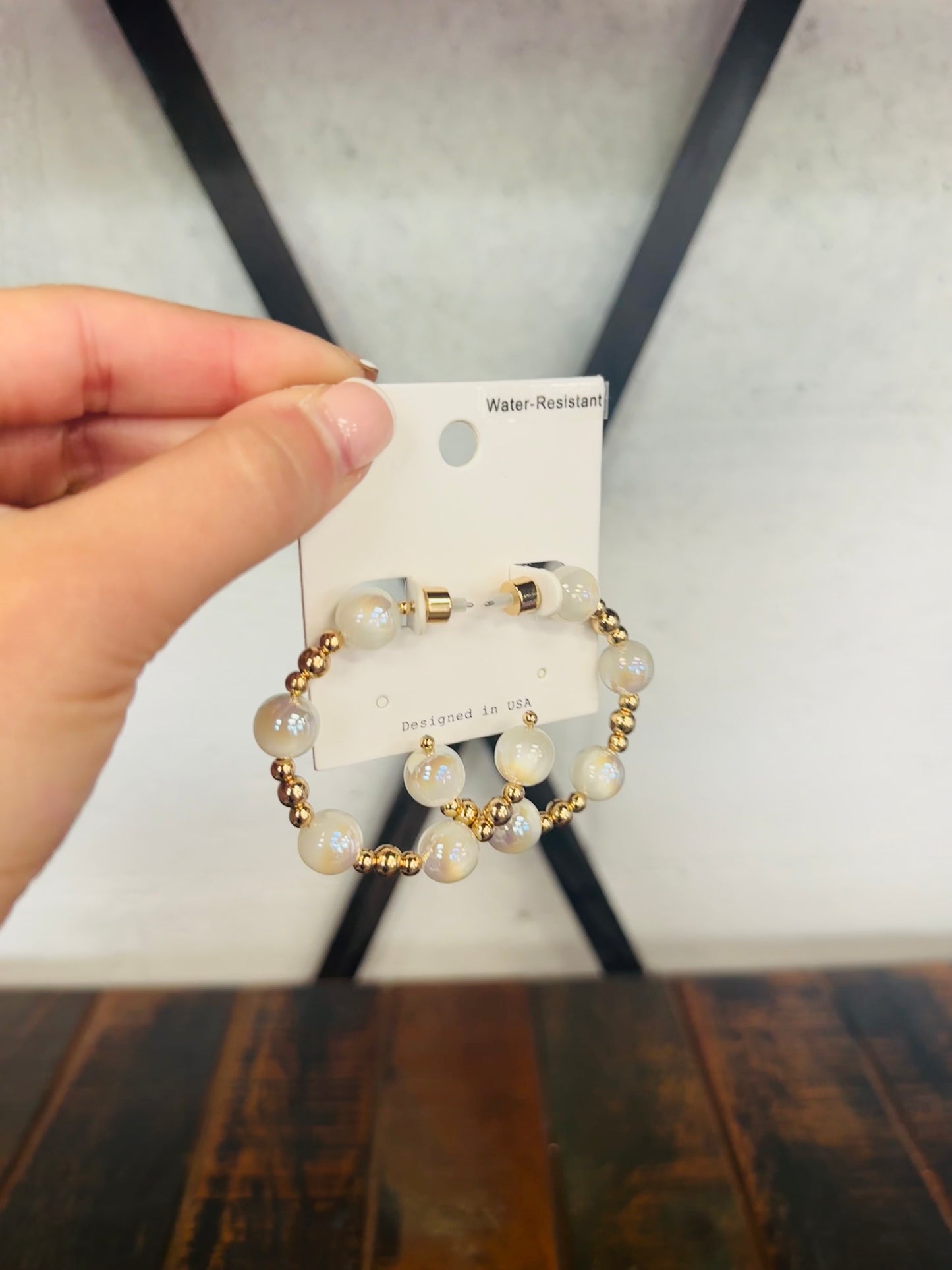 White + Gold Bead Ball Hoop Earring
