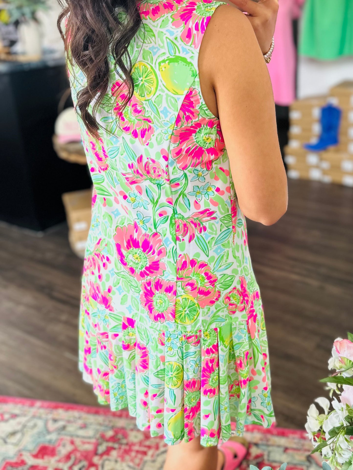 The Sunlee Pink Floral Pleated Dress