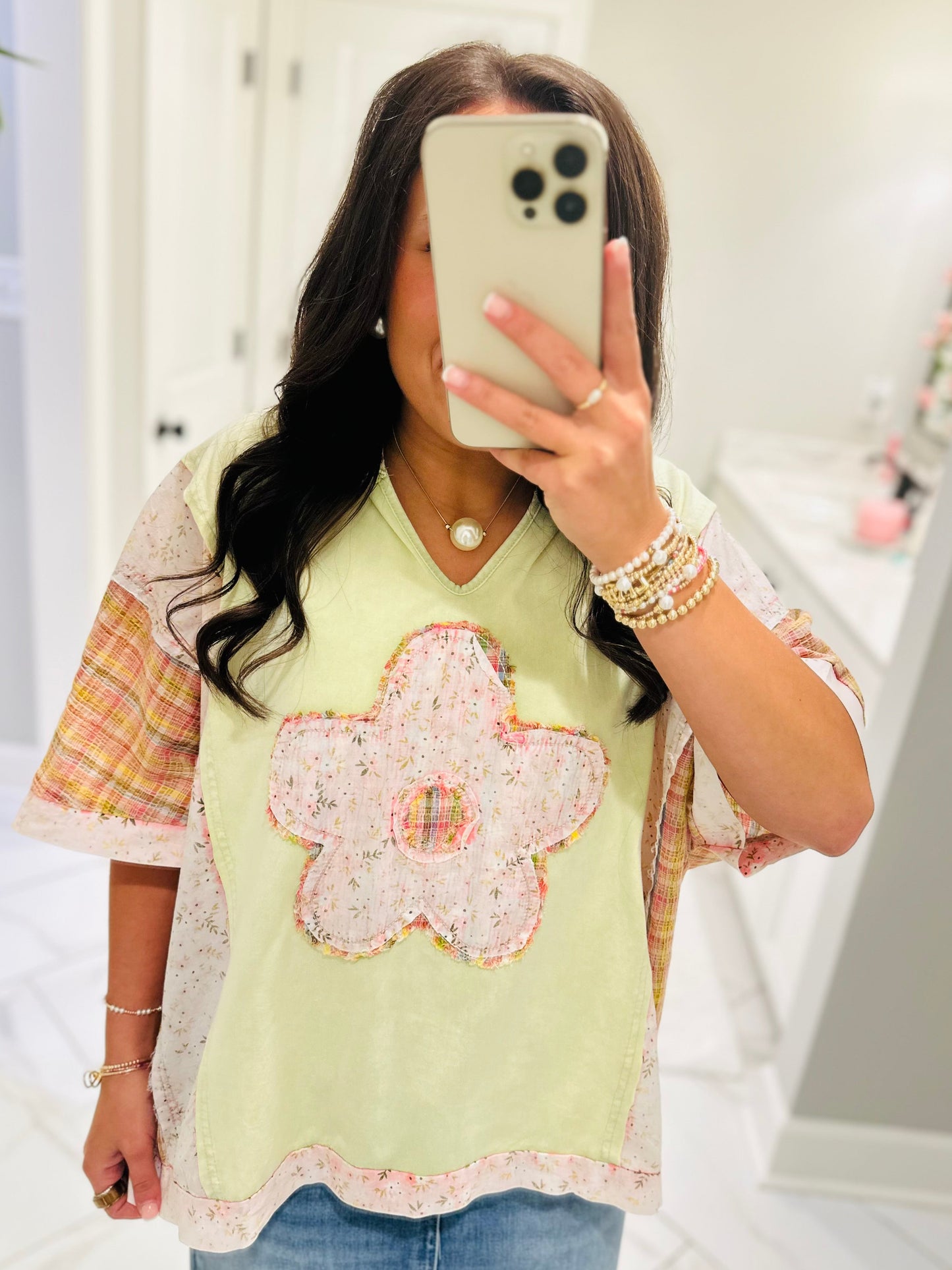 The Scarlett Lime Green Flower Patchwork Top