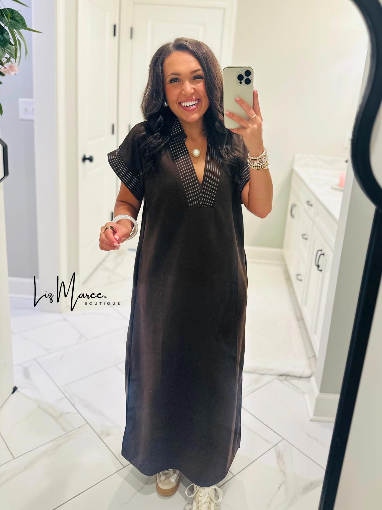 The Parker Brown Collared Stitch Midi Dress