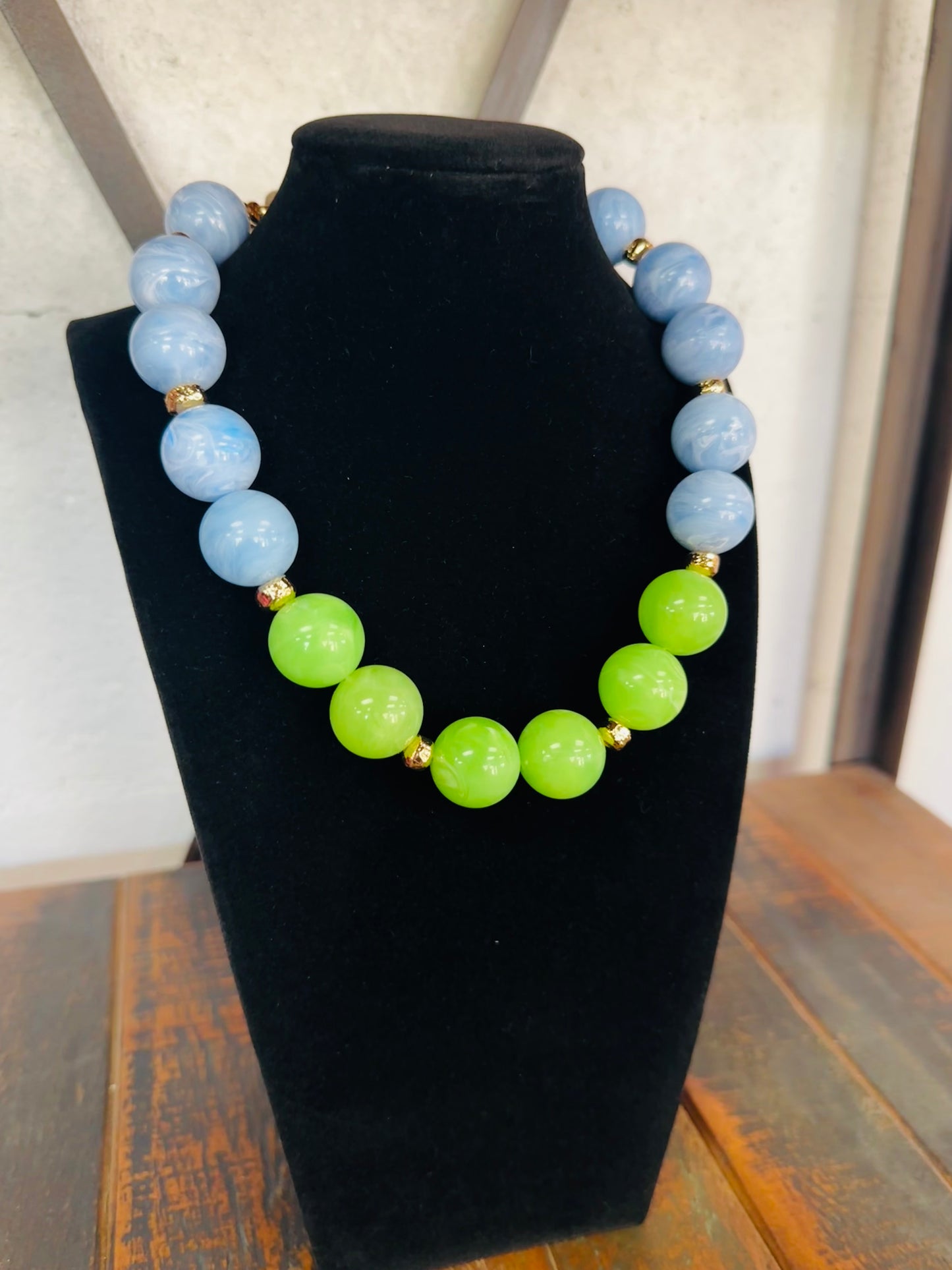 Blue + Lime Green Acrylic Beaded Ball Necklace