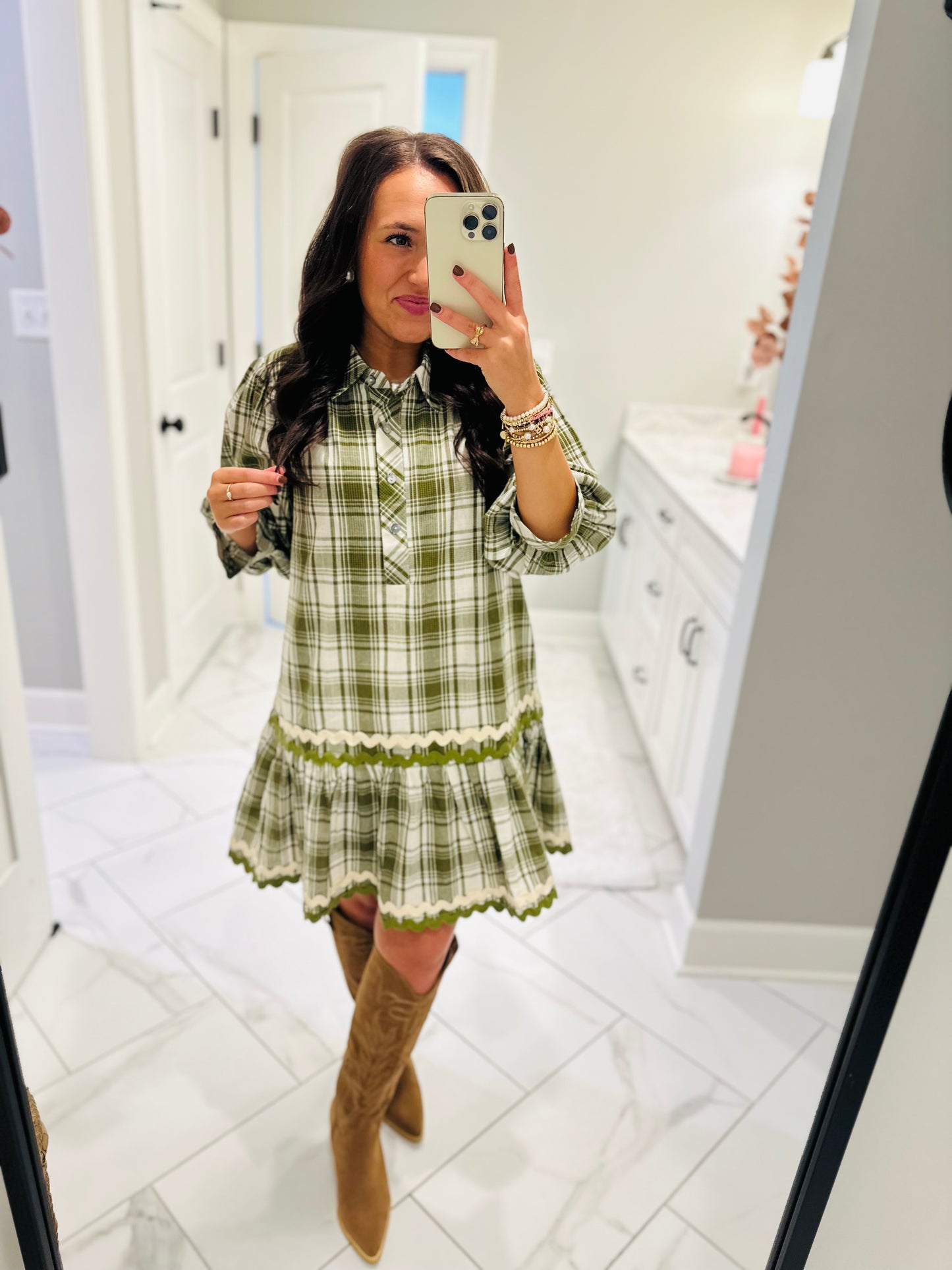 The Gale Olive Green Plaid Dress