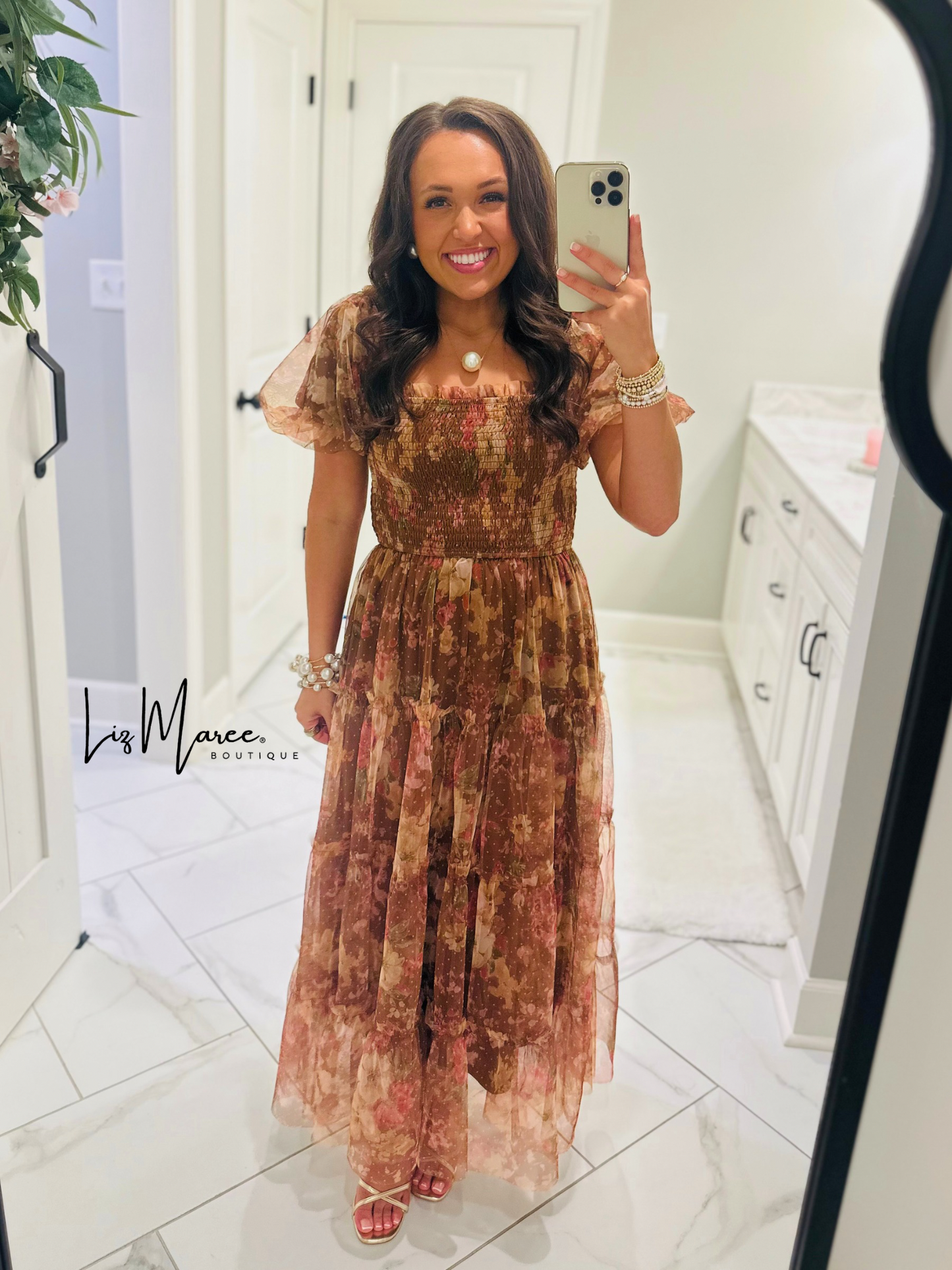 The Halston Light Brown Floral Polka Dot Midi Dress