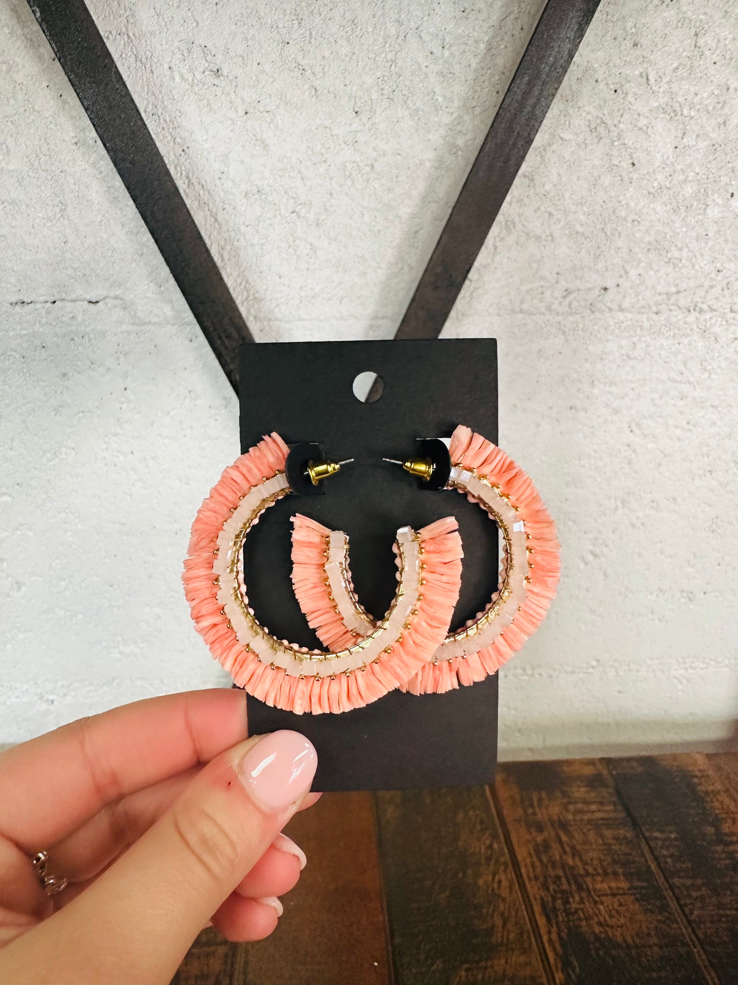 Coral Beaded Raffia Hoop Earrings