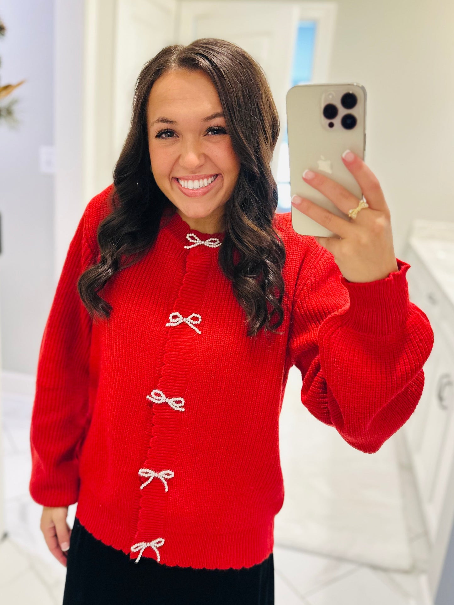 The Gloria Red Knit Bow Cardigan