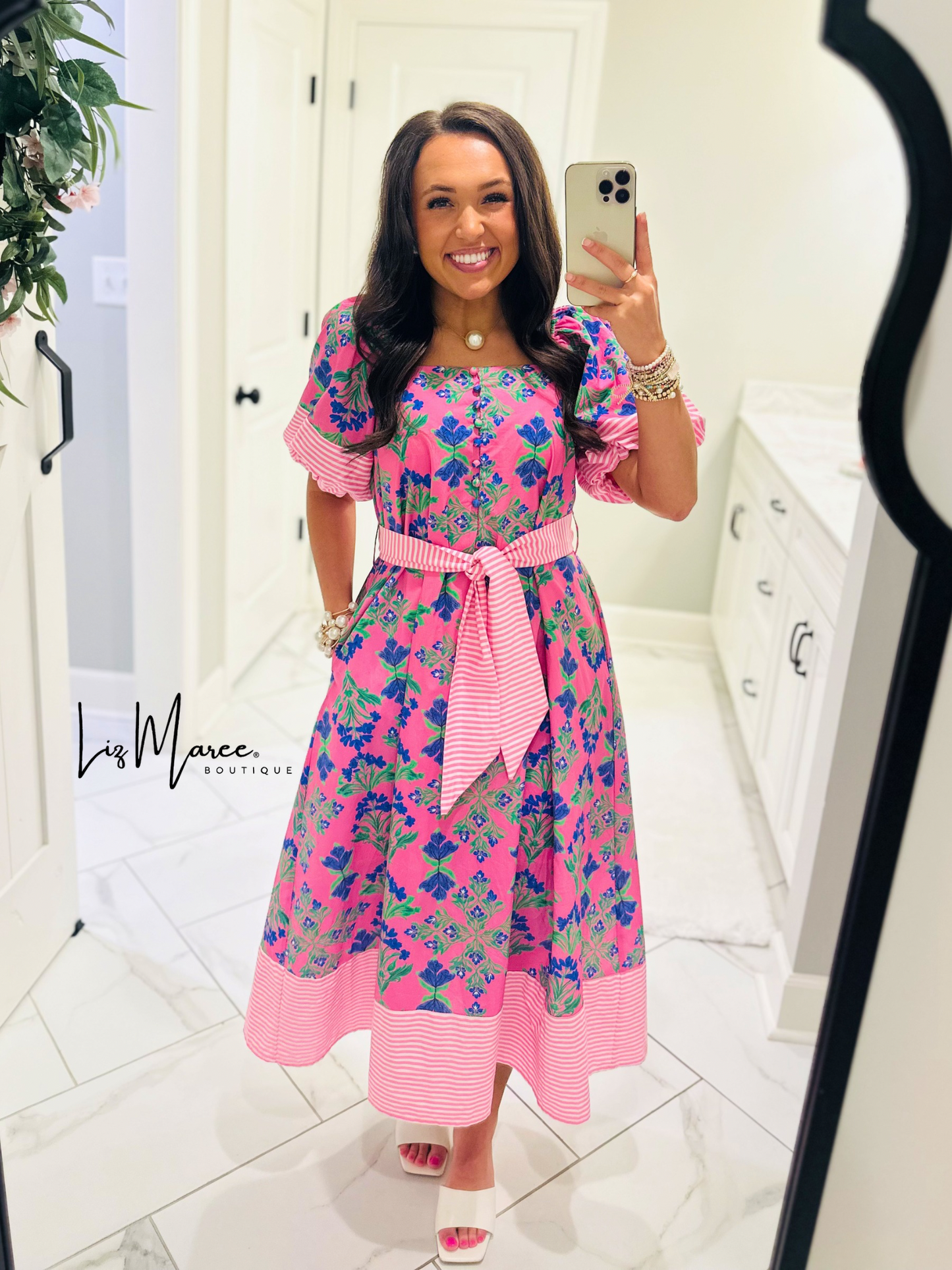 The Harlee Pink Botanical Midi Dress