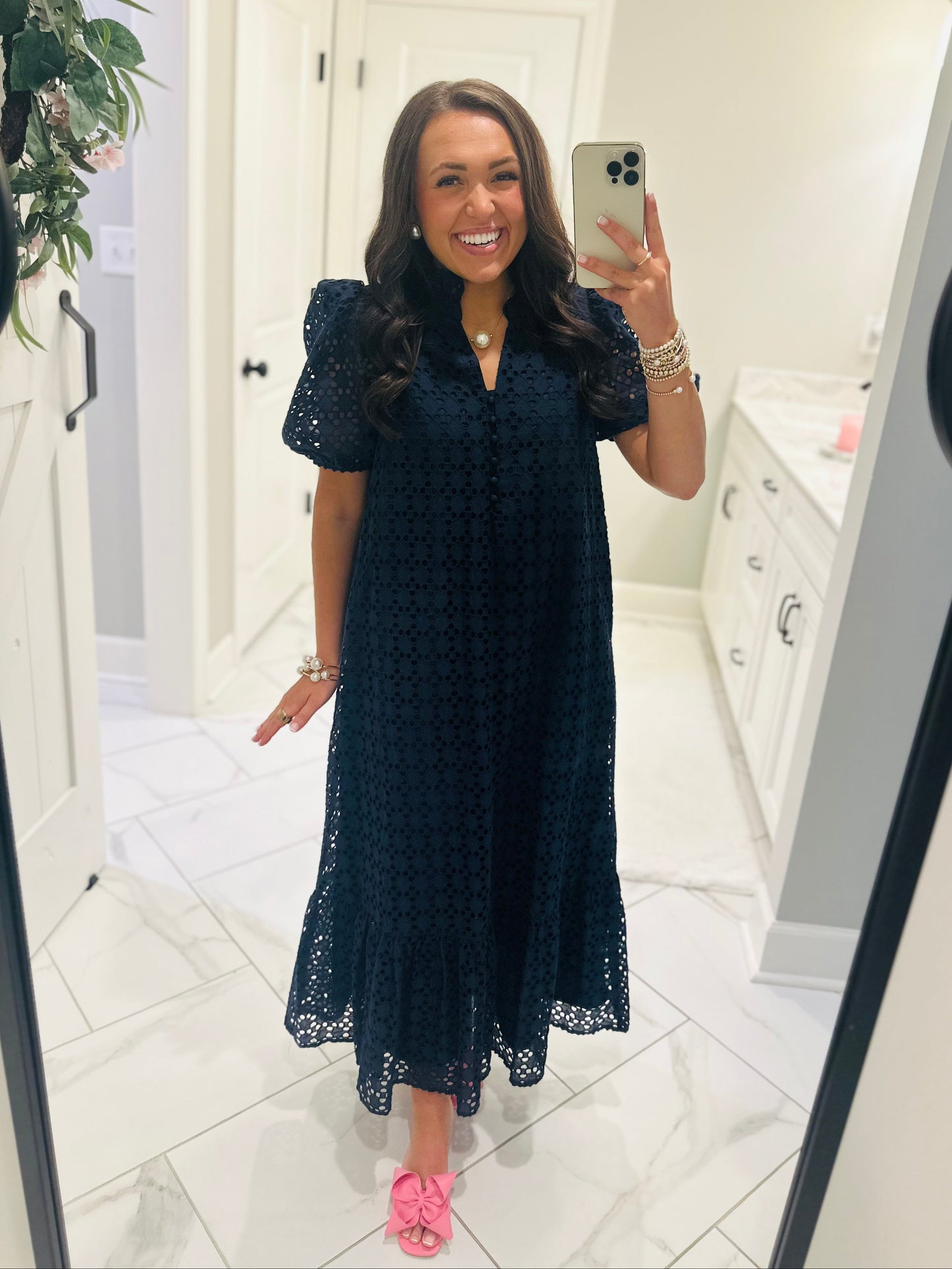 The Liz Navy Eyelet Midi Dress