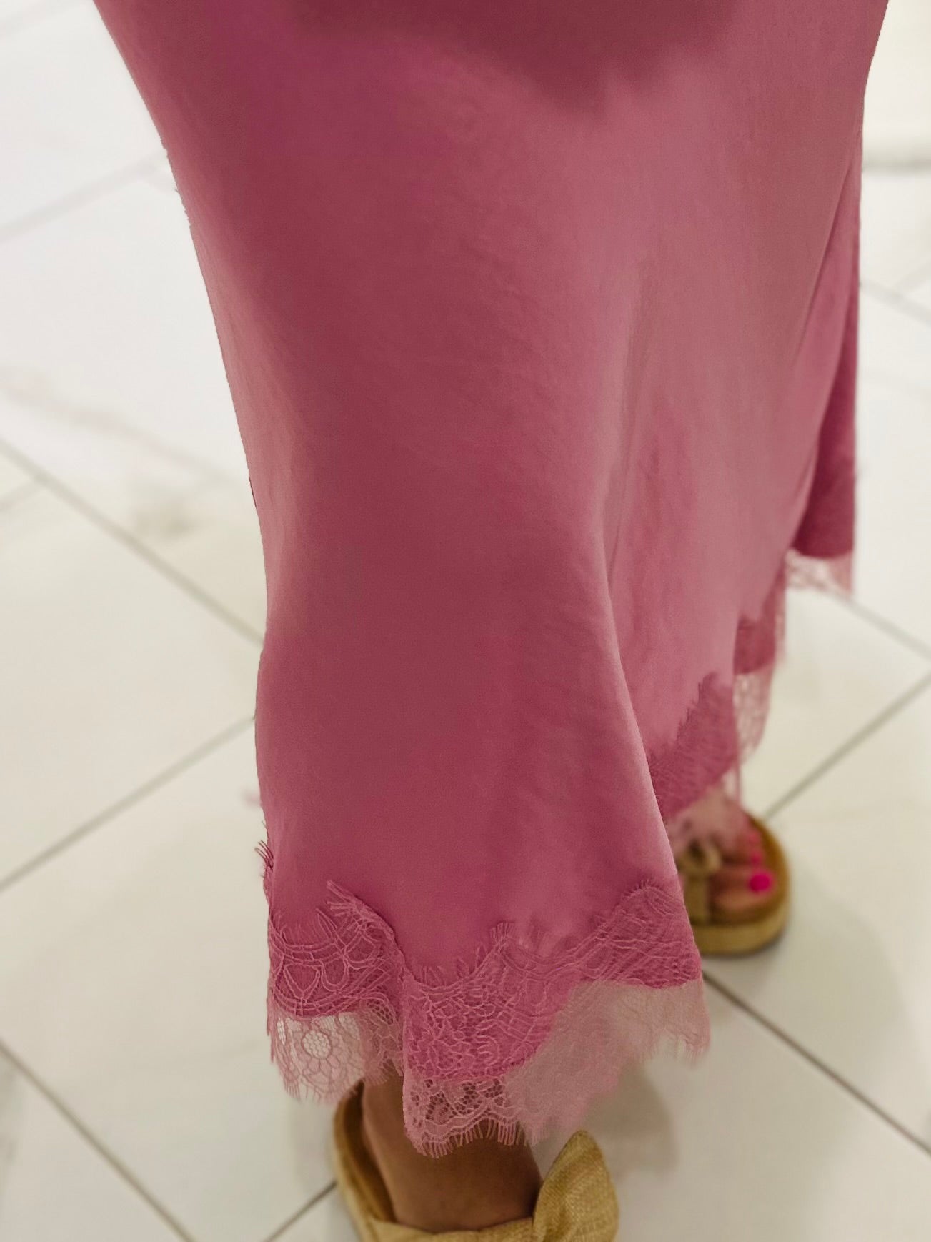 The Laney Pink Satin Lace Midi Skirt