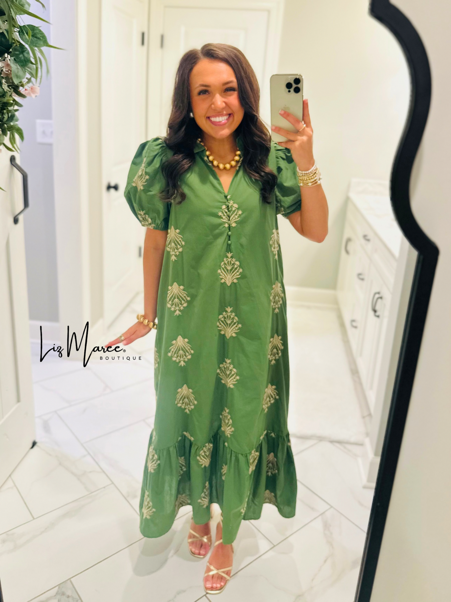 The Nola Olive Green Botanical Embroidered Midi Dress
