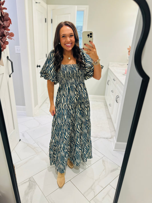 The Gracie Teal Smocked Midi Dress
