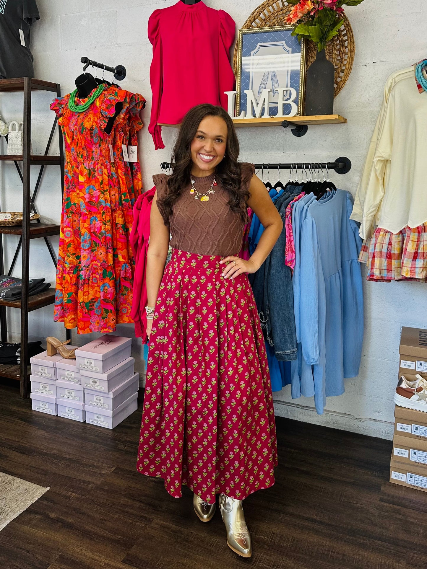 The Austin Burgundy Floral Midi Skirt