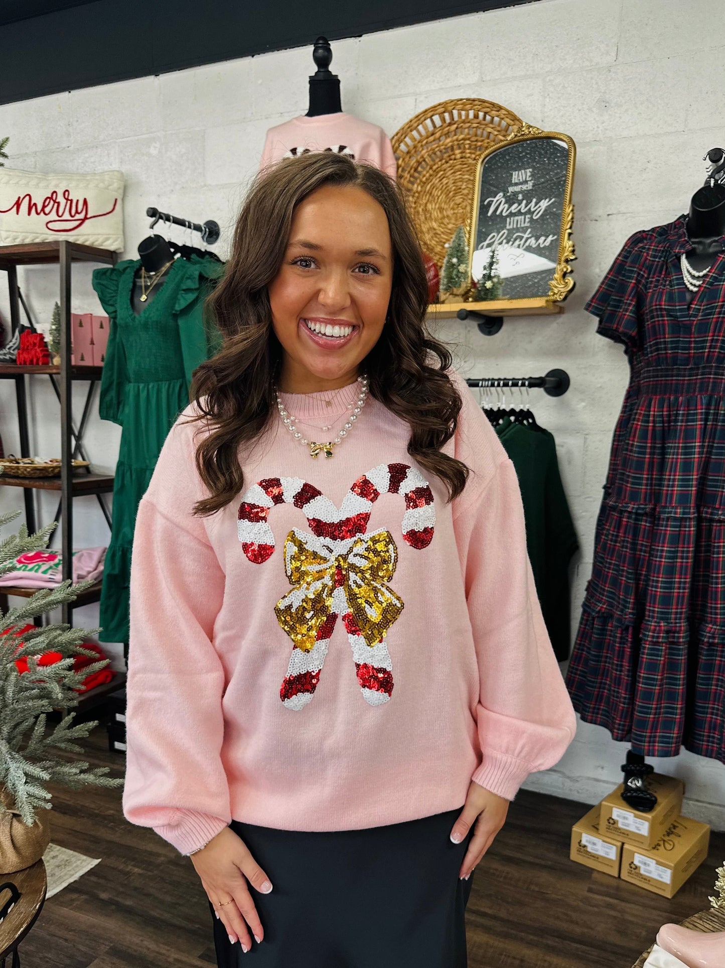 Candy Cane Embroidered Sequin Sweater