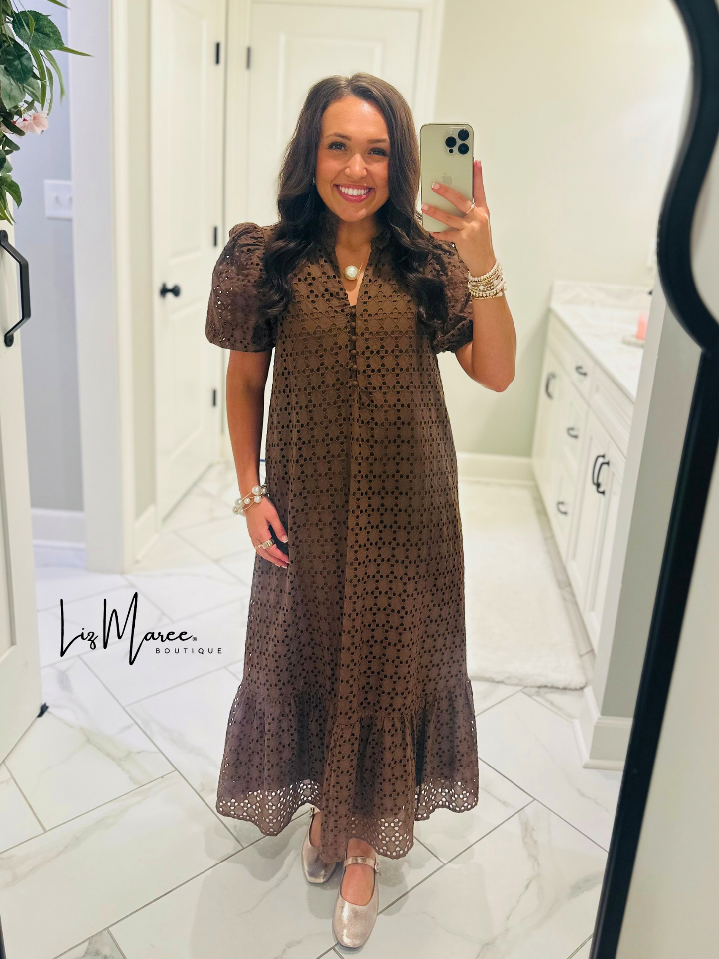 The Liz Brown Eyelet Midi Dress