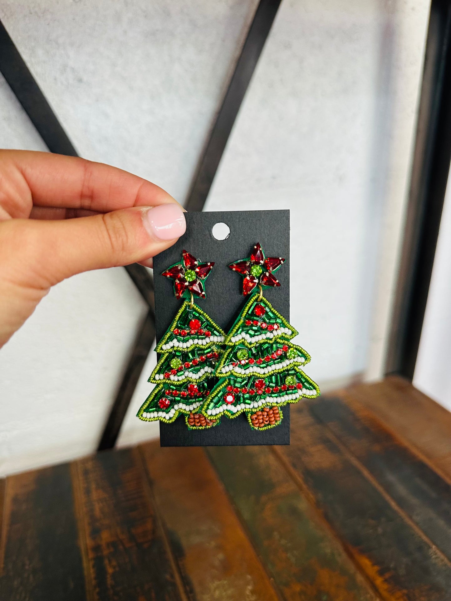 Green + Red Christmas Tree Beaded Earring