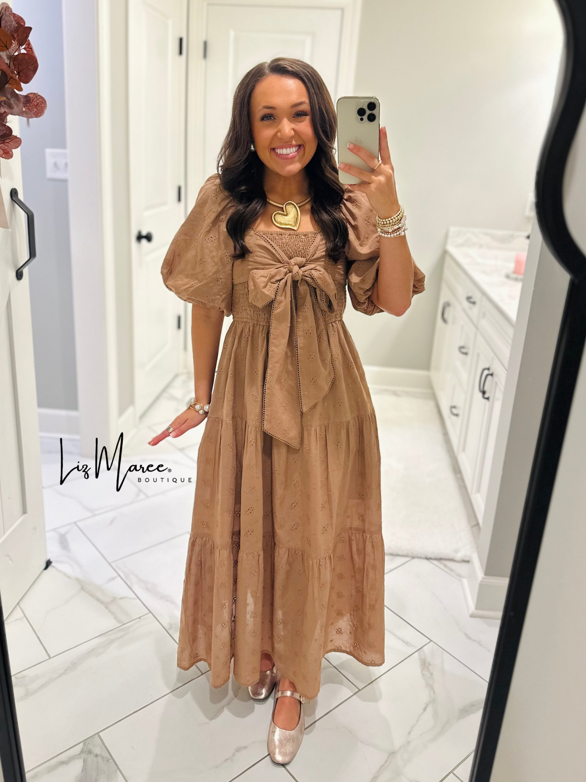 The Isabelle Light Brown Eyelet Bow Midi Dress