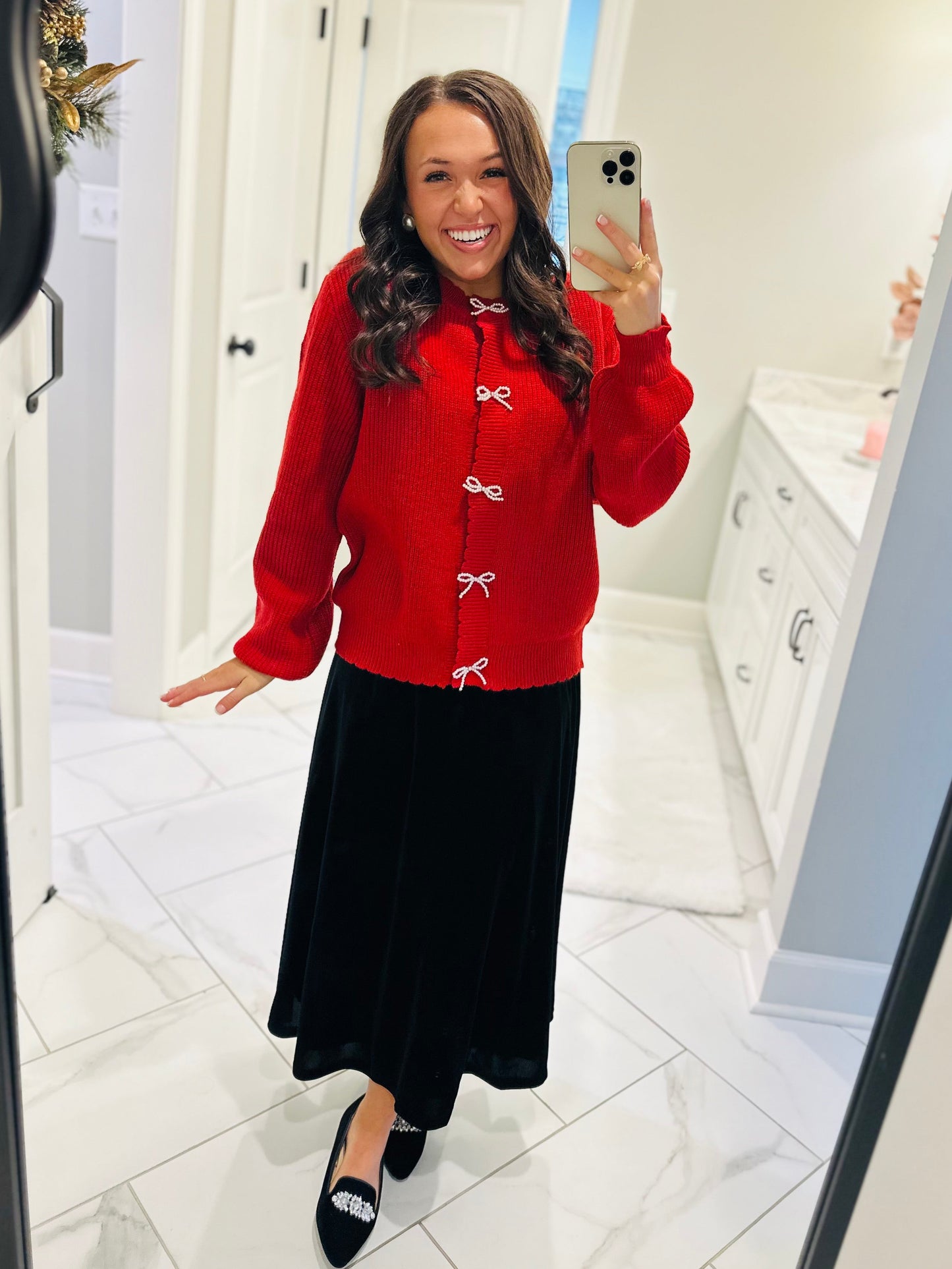 The Gloria Red Knit Bow Cardigan