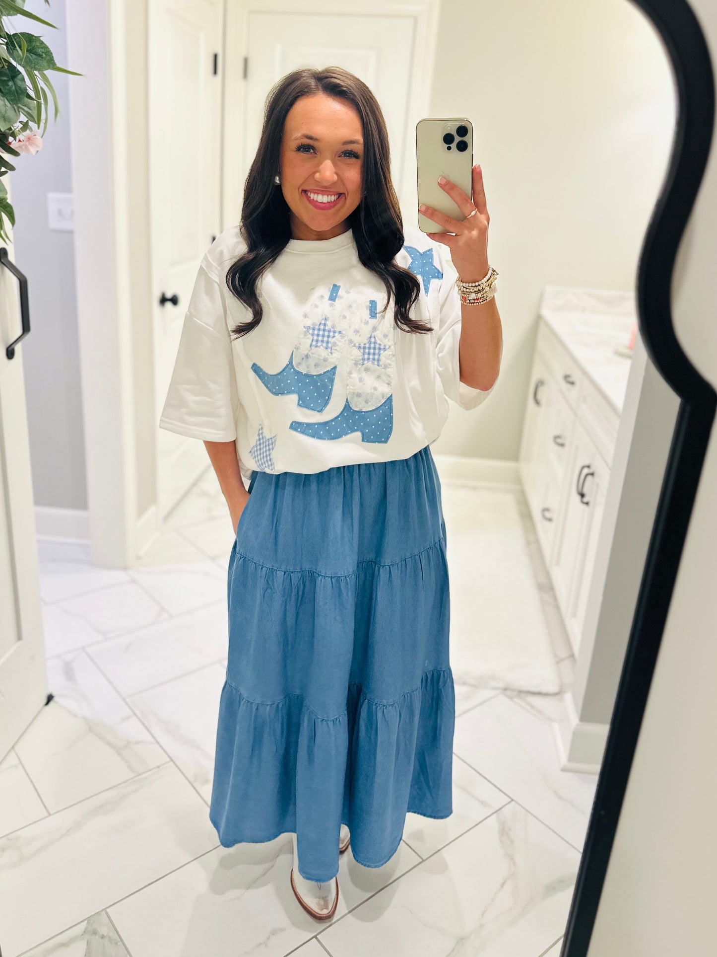 The Blaire Blue Cowboy Boot Star Patchwork Tee
