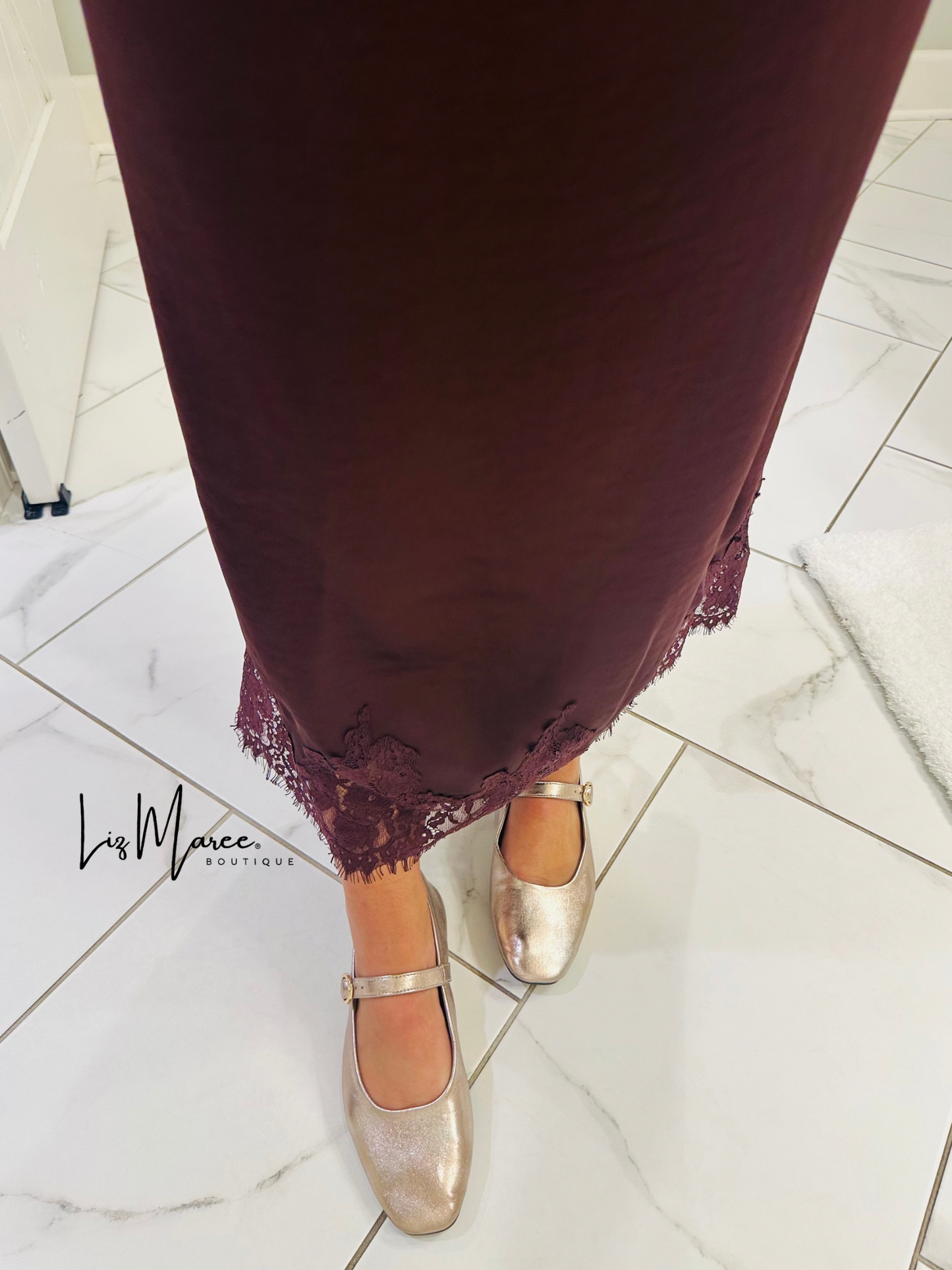The Dallas Burgundy Satin Lace Midi Skirt